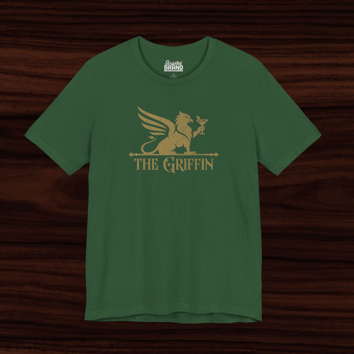 Green t-shirt featuring gold 'The Griffin' Bar logo inspired by the TV show New Girl in a vintage distressed style.