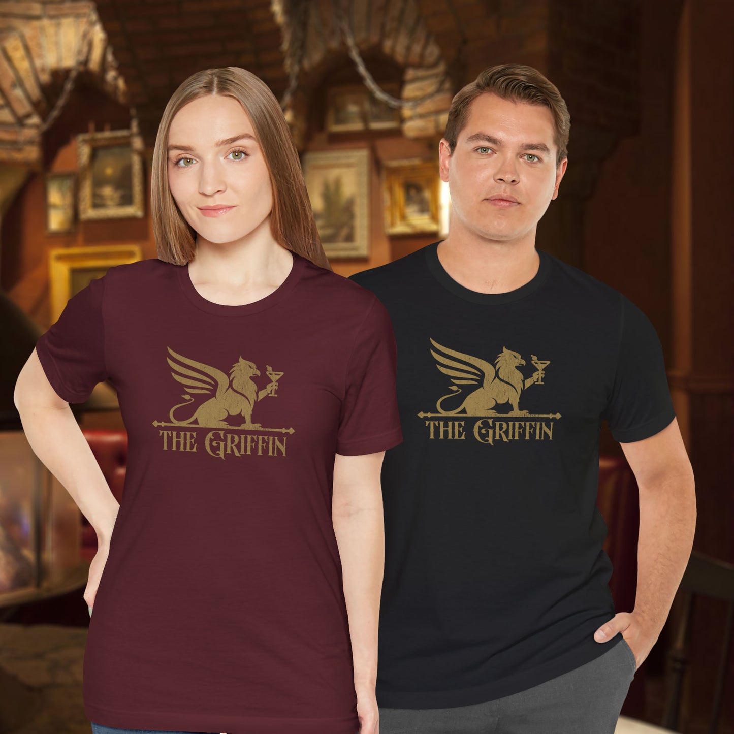 Two people wearing t-shirts featuring gold 'The Griffin' Bar logo inspired by the TV show New Girl in a vintage distressed style.