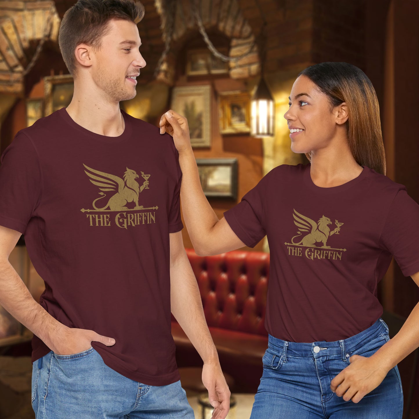 Two people wearing maroon t-shirts featuring gold 'The Griffin' Bar logo inspired by the TV show New Girl in a vintage distressed style.