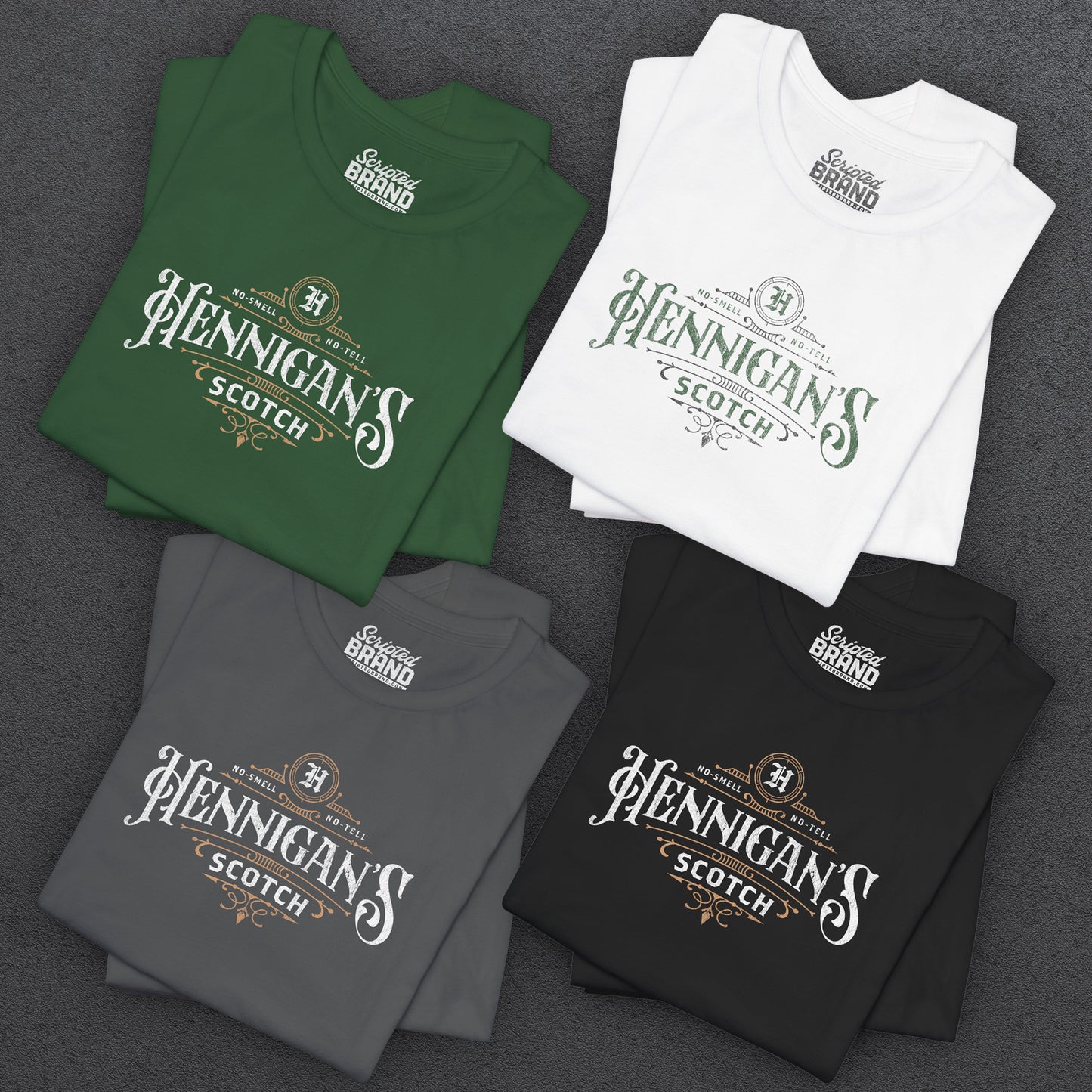 Group of 4 folded soft short-sleeve t-shirt featuring a Hennigans Scotch Whisky logo graphic inspired by the TV show Seinfeld in a vintage distressed ink-stamped worn-in style.