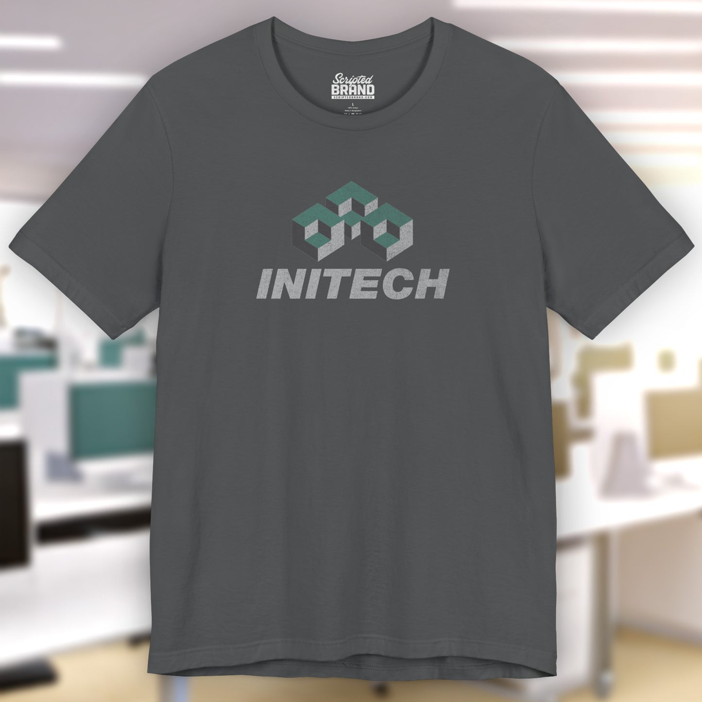 Front view of an asphalt grey colored soft Bella+Canvas 3001 short-sleeve t-shirt featuring the Initech logo from the movie Office Space in a vintage distressed style, sold by ScriptedBrand.
