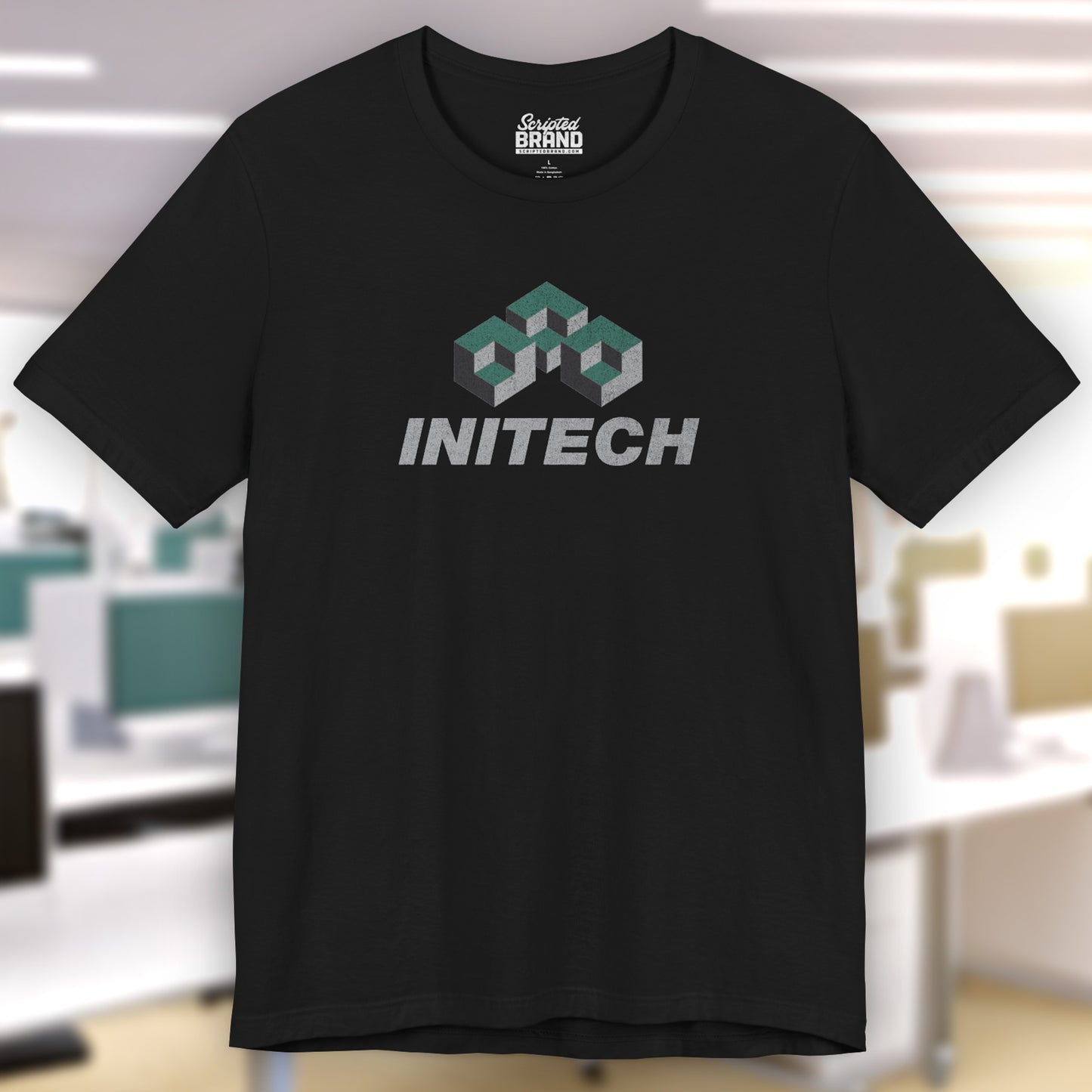 Front view of a black colored soft Bella+Canvas 3001 short-sleeve t-shirt featuring the Initech logo from the movie Office Space in a vintage distressed style, sold by ScriptedBrand.