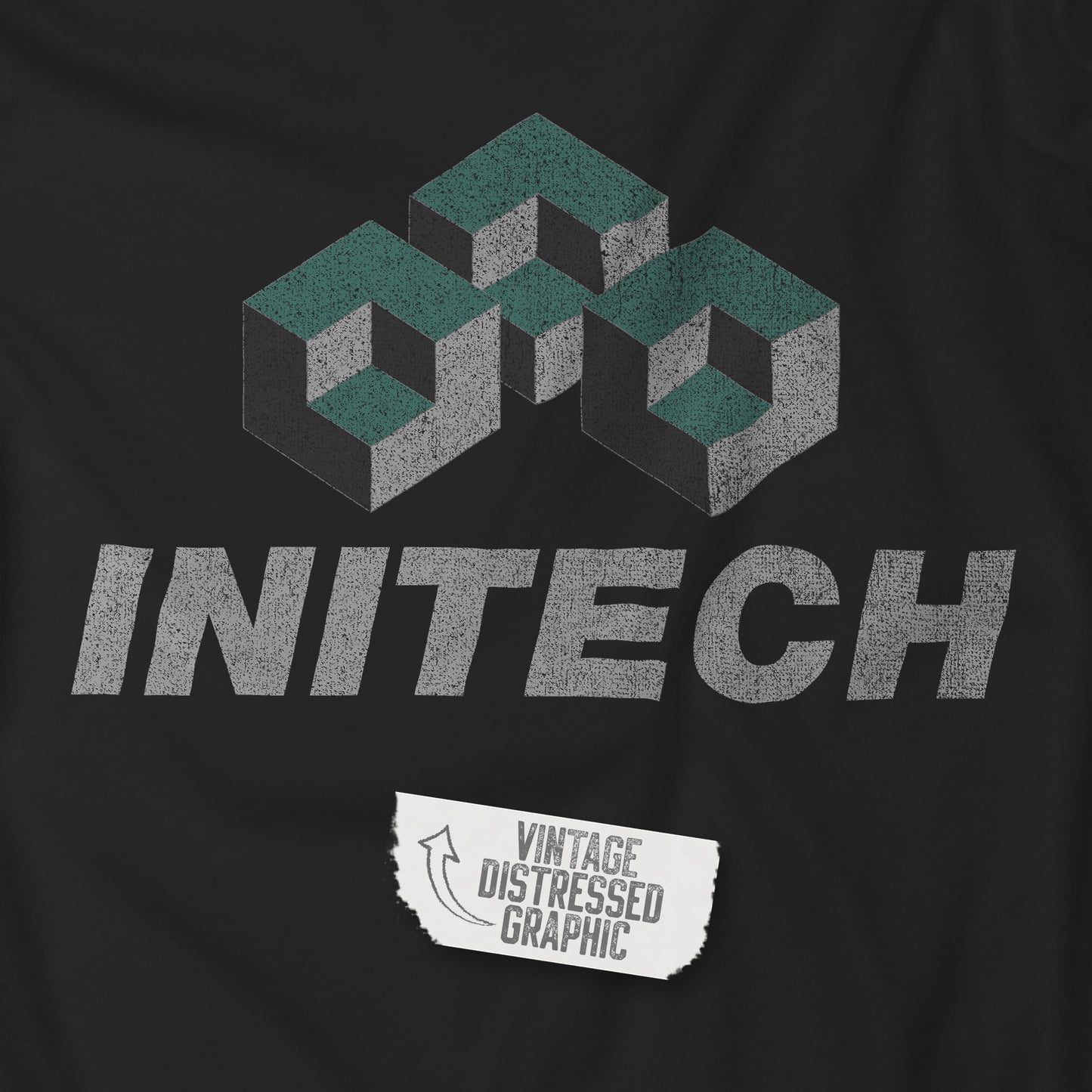 Closeup view of a black colored soft Bella+Canvas 3001 short-sleeve t-shirt featuring the Initech logo from the movie Office Space in a vintage distressed style, sold by ScriptedBrand.