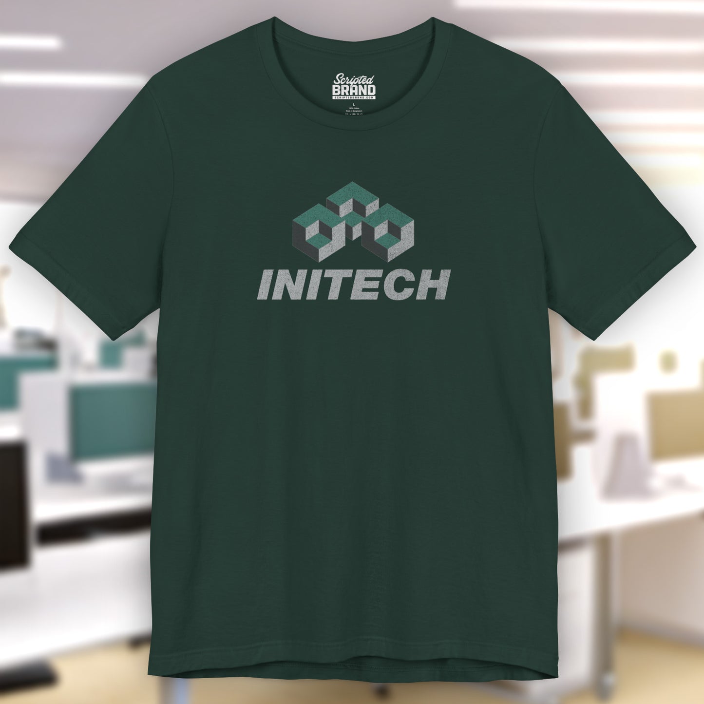Front view of a forest green colored soft Bella+Canvas 3001 short-sleeve t-shirt featuring the Initech logo from the movie Office Space in a vintage distressed style, sold by ScriptedBrand.