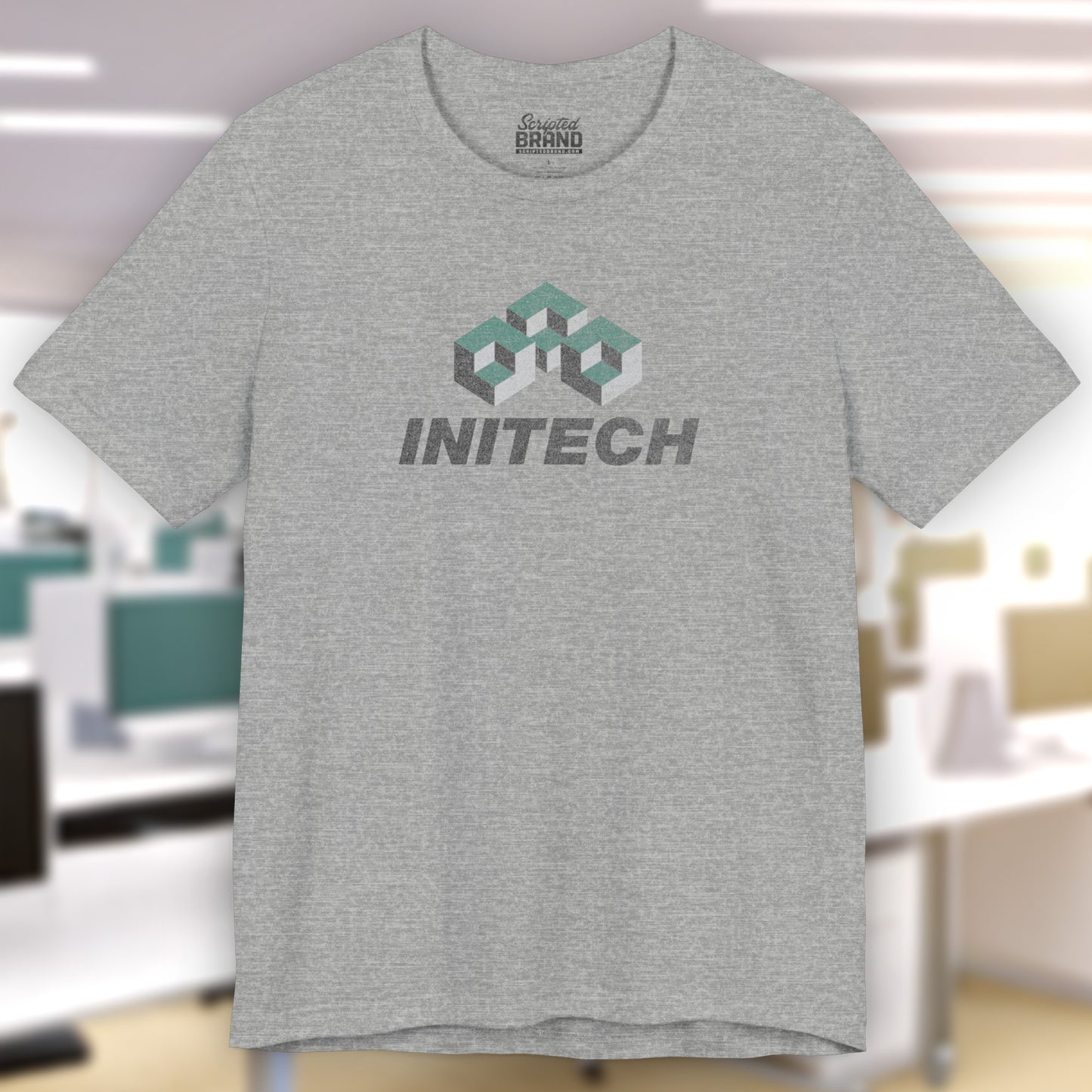 Front view of an athletic heather grey colored soft Bella+Canvas 3001 short-sleeve t-shirt featuring the Initech logo from the movie Office Space in a vintage distressed style, sold by ScriptedBrand.