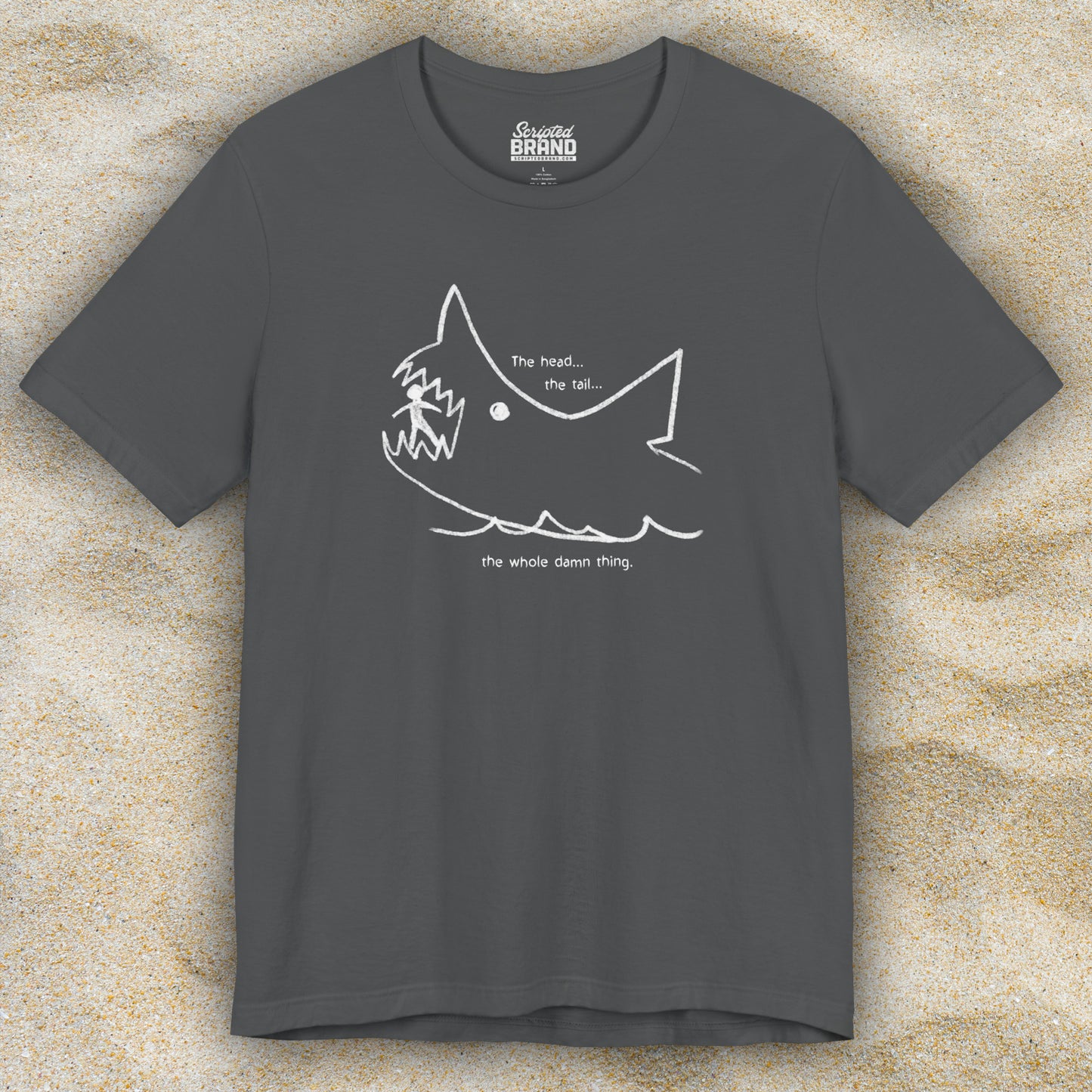 Front view of a asphalt gray colored soft short-sleeve Bella+Canvas 3001 t-shirt featuring the chalkboard drawing of a shark eating a person, drawn by Quint in the movie Jaws.