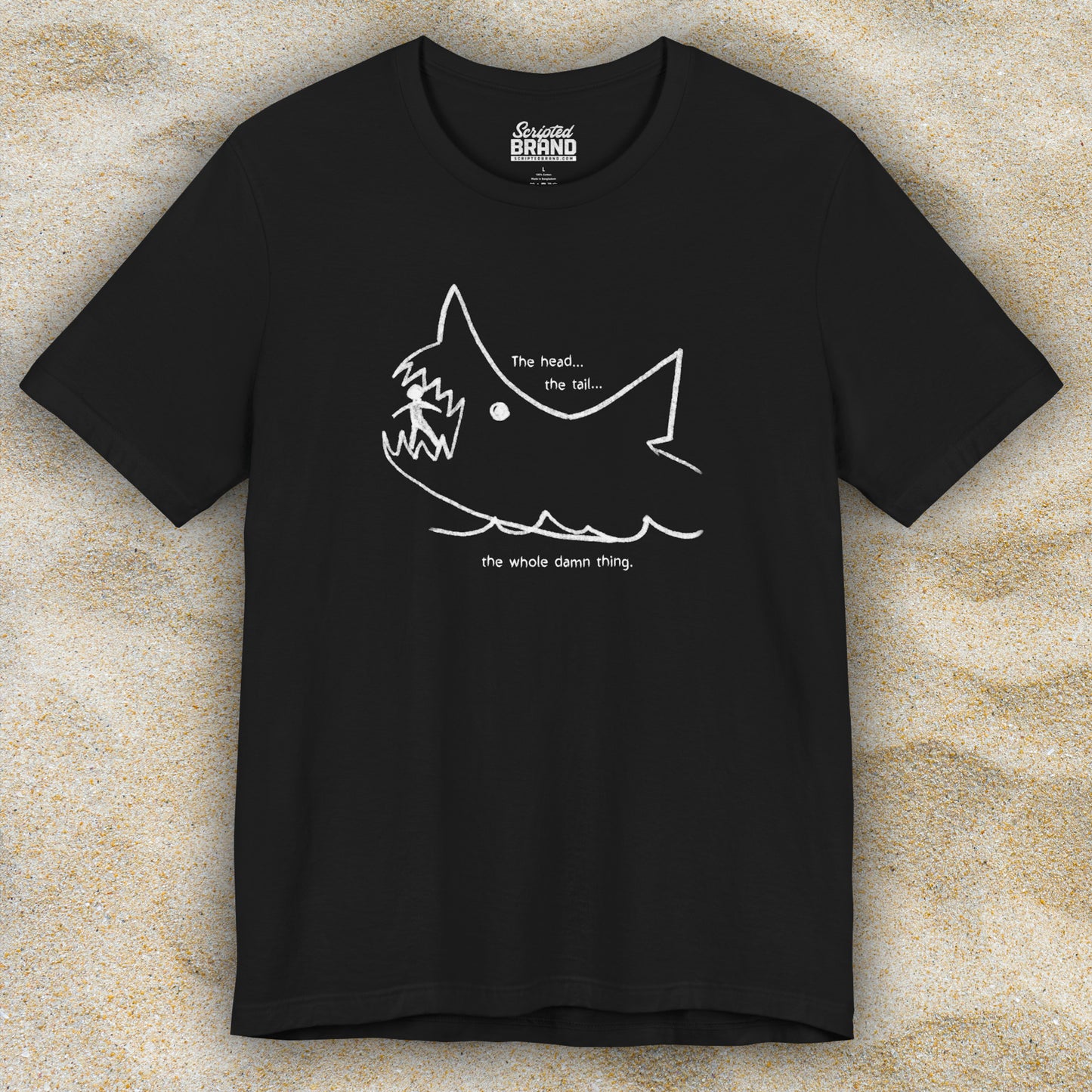 Front view of a black colored soft short-sleeve Bella+Canvas 3001 t-shirt featuring the chalkboard drawing of a shark eating a person, drawn by Quint in the movie Jaws.