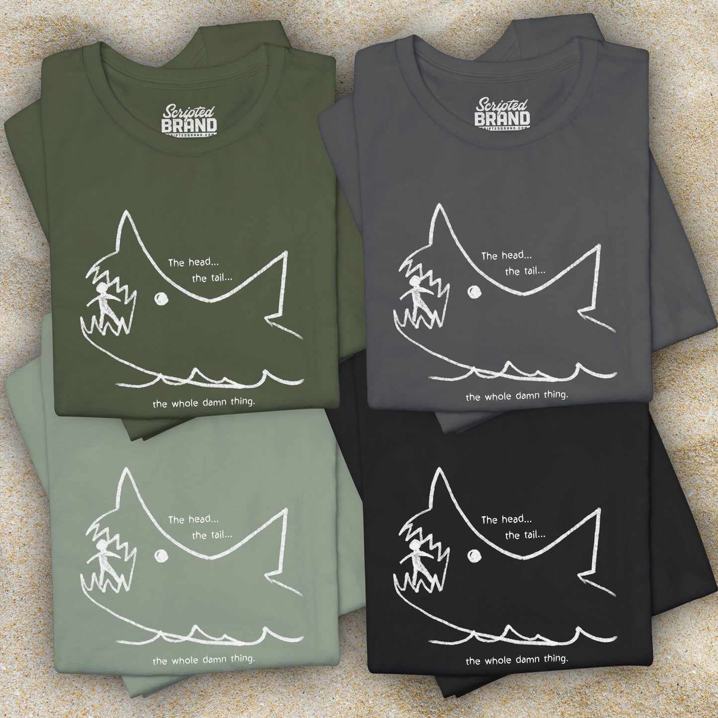 Group of 4 folded soft short-sleeve Bella+Canvas 3001 t-shirt featuring the chalkboard drawing of a shark eating a person, drawn by Quint in the movie Jaws.