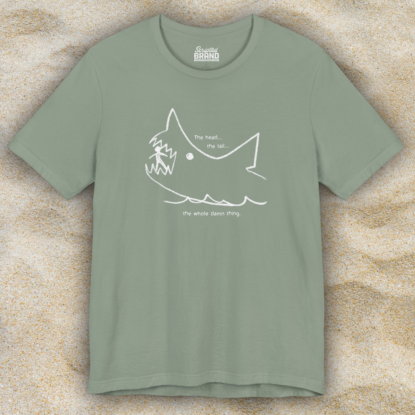 Front view of a sage Green colored soft short-sleeve Bella+Canvas 3001 t-shirt featuring the chalkboard drawing of a shark eating a person, drawn by Quint in the movie Jaws.
