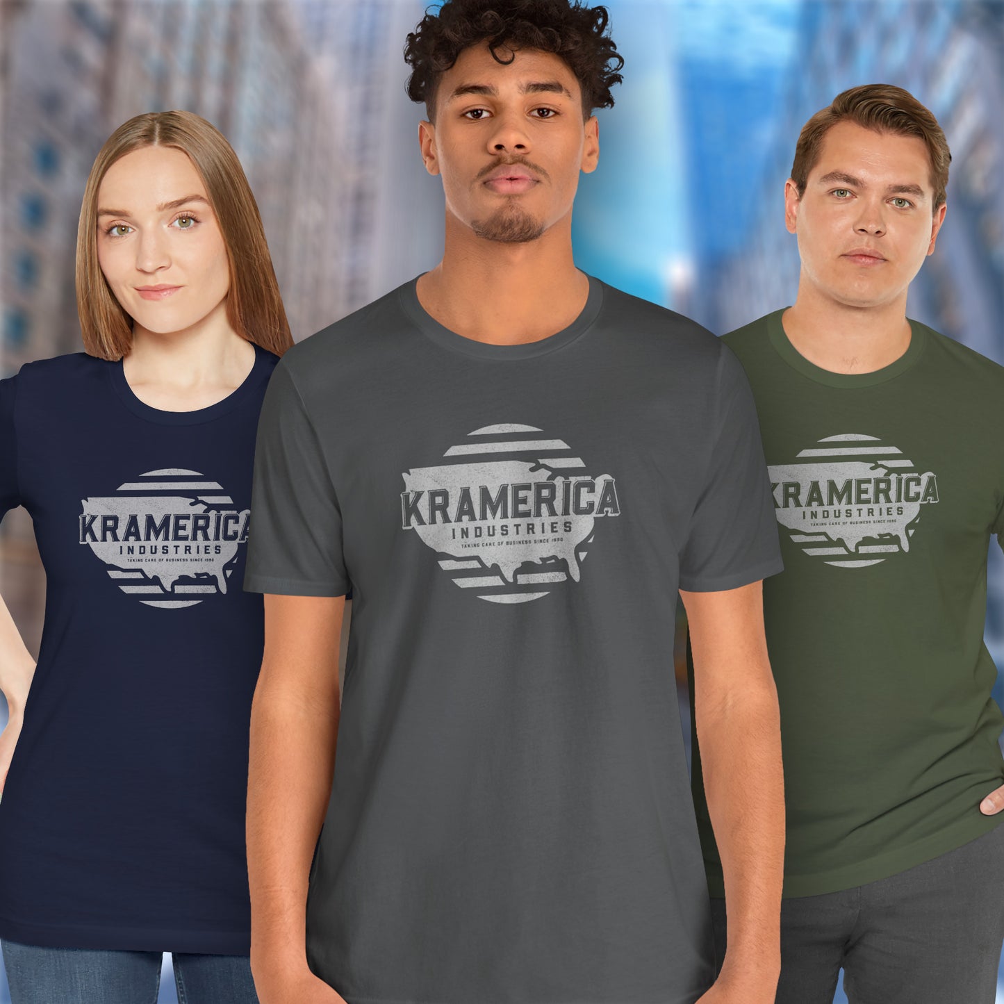 3 models wearing soft unisex Bella+Canvas 3001 short-sleeve t-shirts featuring a unique Kramerica Industries logo graphic, designed by ScriptedBrand in a vintage distressed style, and inspired by the TV show Seinfeld.