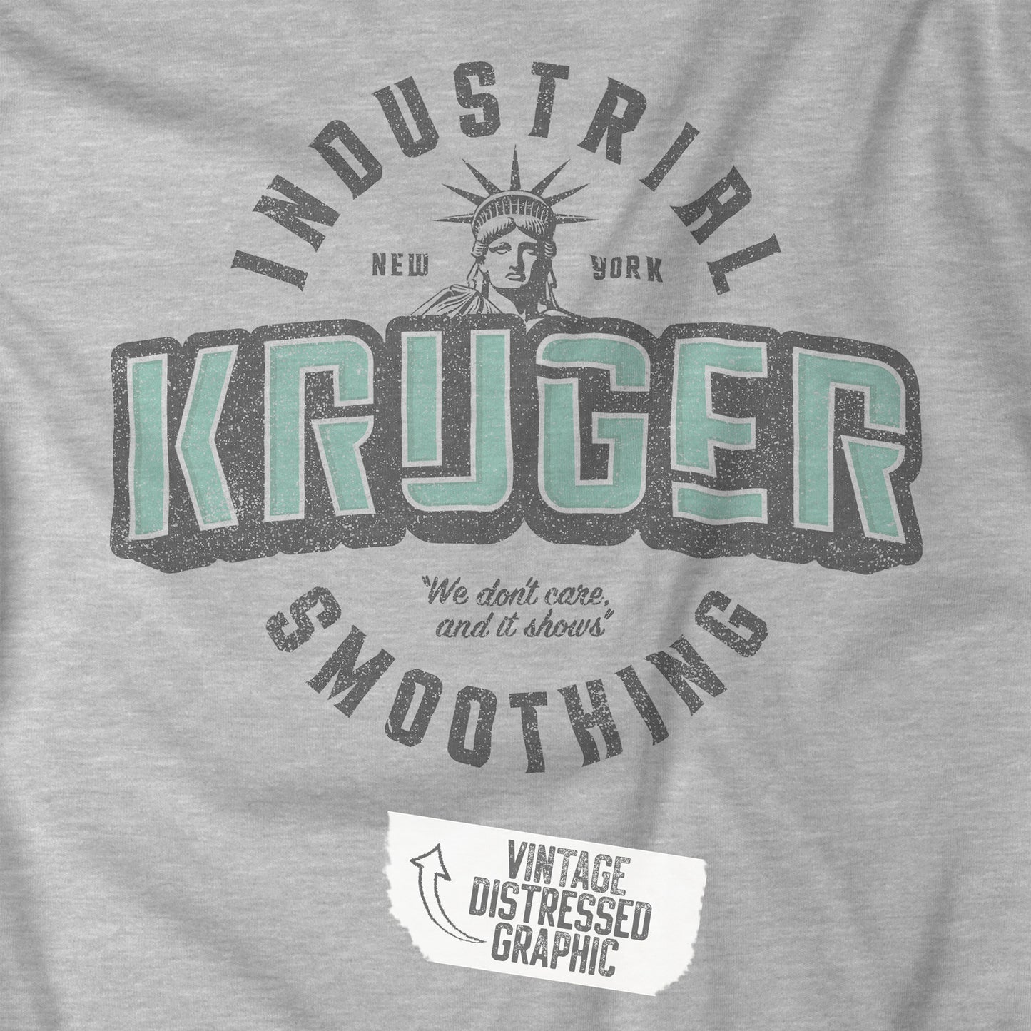 Closeup of an athletic heather grey colored Soft unisex Bella+Canvas 3001 short-sleeve t-shirt featuring a Kruger Industrial Smoothing logo graphic in a vintage distressed style, designed by ScriptedBrand, and inspired by the TV show Seinfeld.