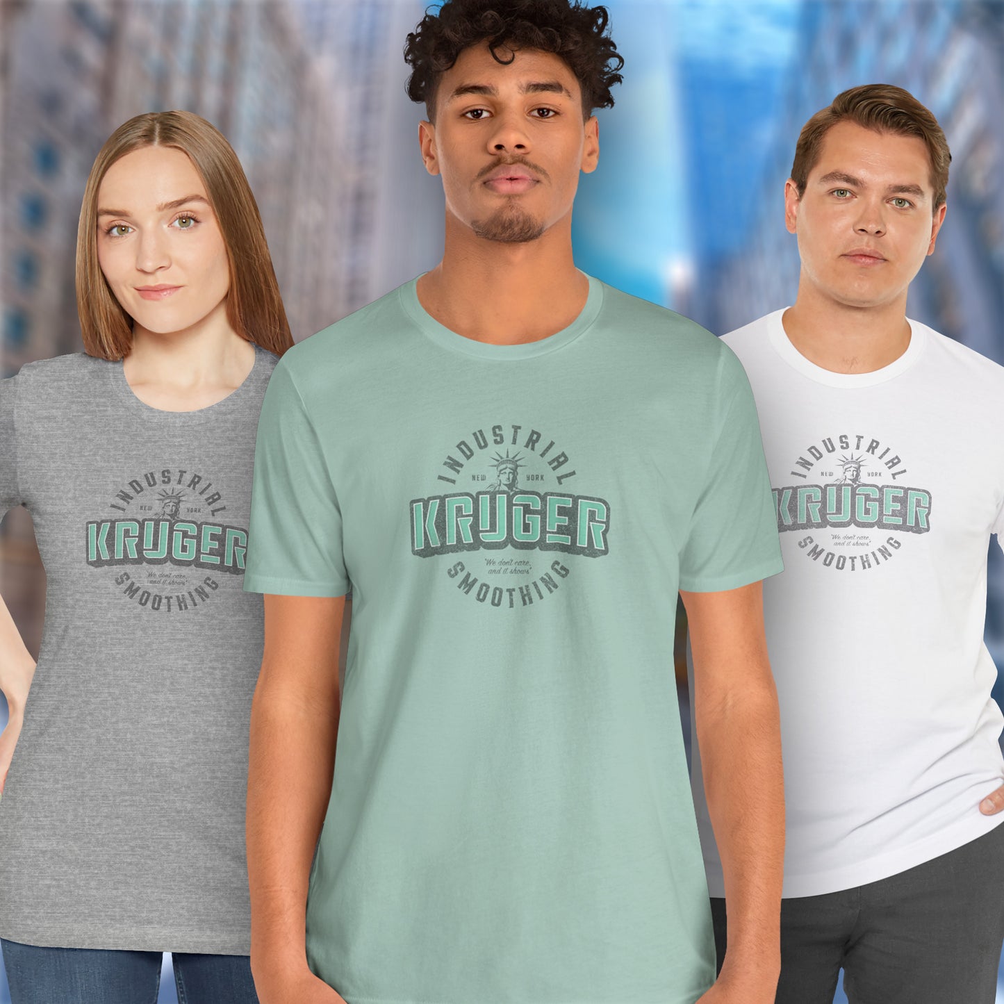 3 models wearing Soft unisex Bella+Canvas 3001 short-sleeve t-shirts featuring a Kruger Industrial Smoothing logo graphic in a vintage distressed style, designed by ScriptedBrand, and inspired by the TV show Seinfeld.