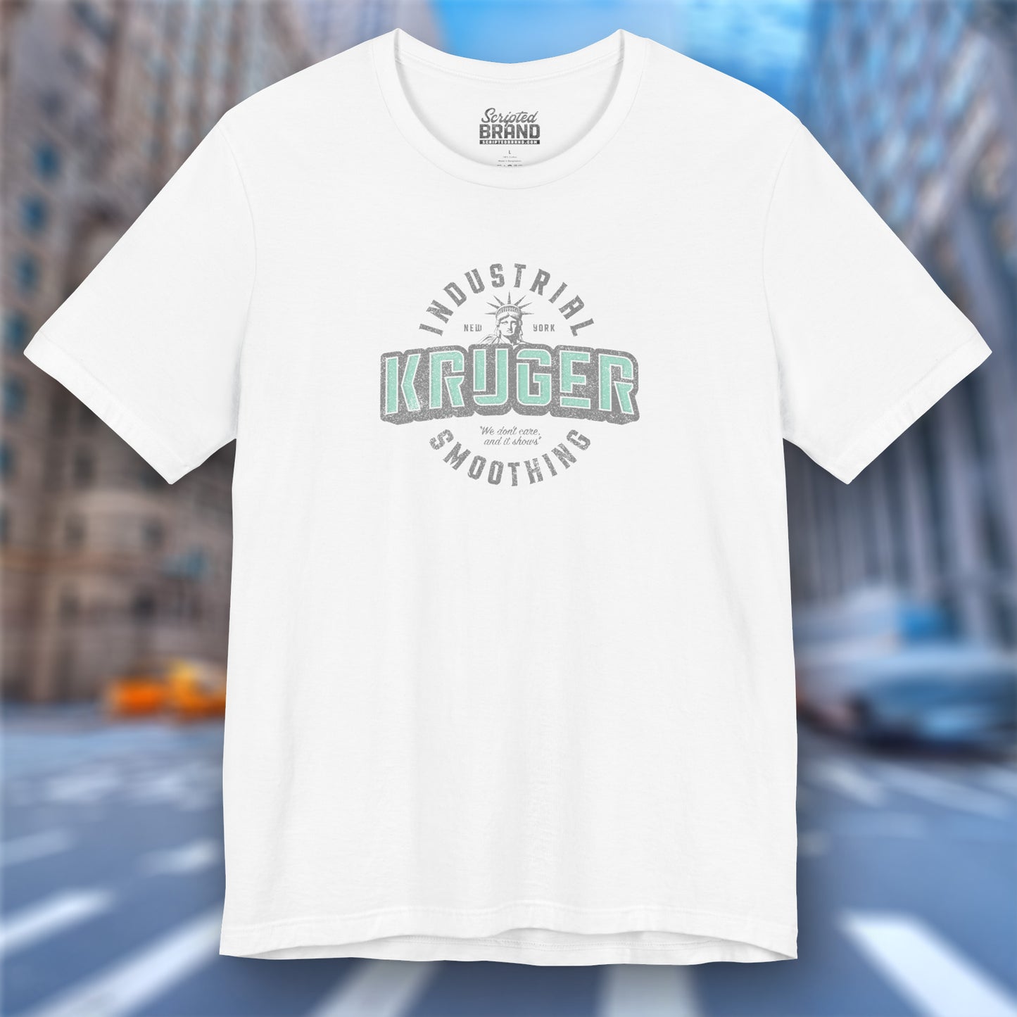 Front view of a white colored Soft unisex Bella+Canvas 3001 short-sleeve t-shirt featuring a Kruger Industrial Smoothing logo graphic in a vintage distressed style, designed by ScriptedBrand, and inspired by the TV show Seinfeld.