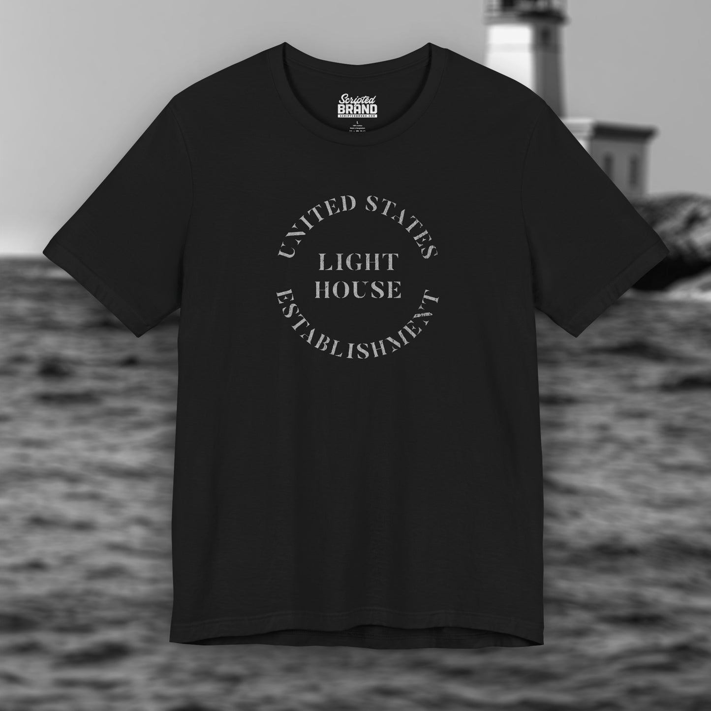 Black t-shirt featuring the United States Light House Establishment logo graphic worn by Robert Pattinson in the movie The Lighthouse in a vintage distressed style.
