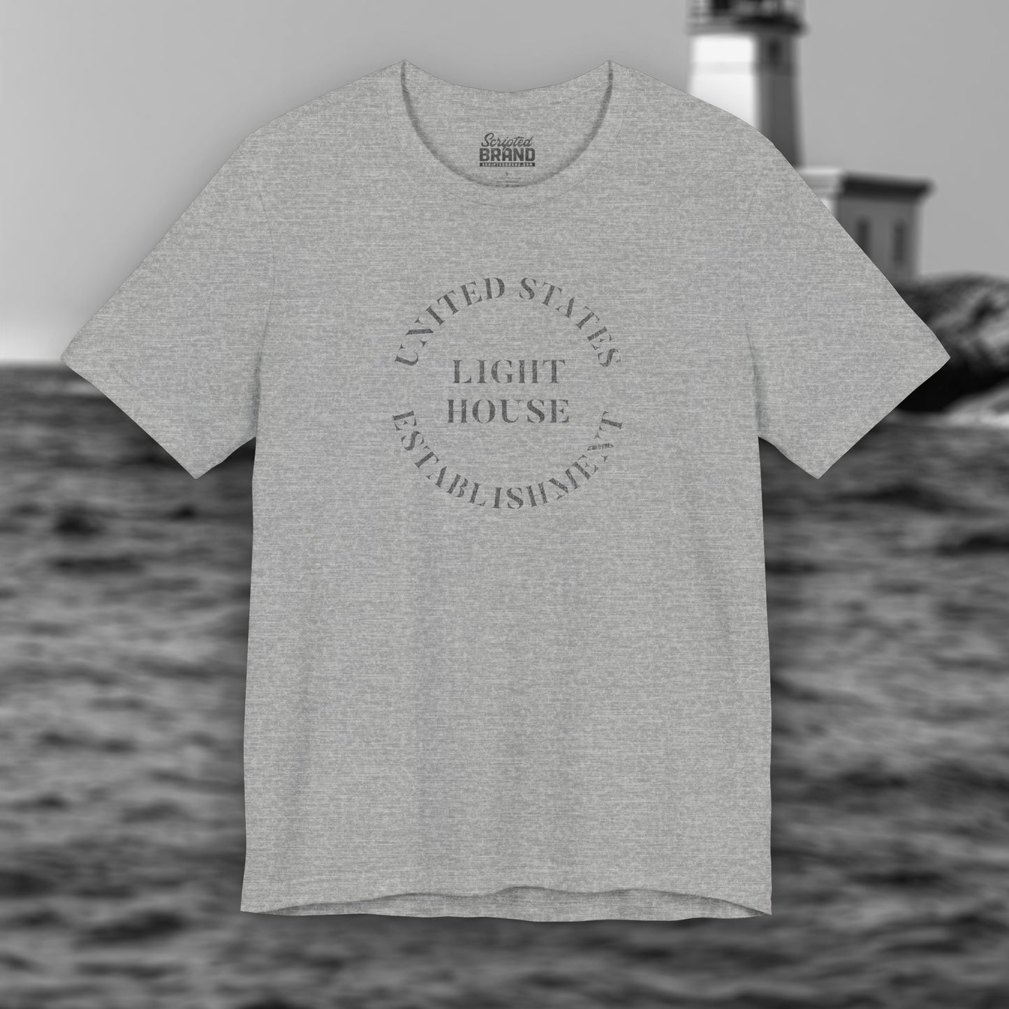Heather Gray t-shirt featuring the United States Light House Establishment logo graphic worn by Robert Pattinson in the movie The Lighthouse in a vintage distressed style.