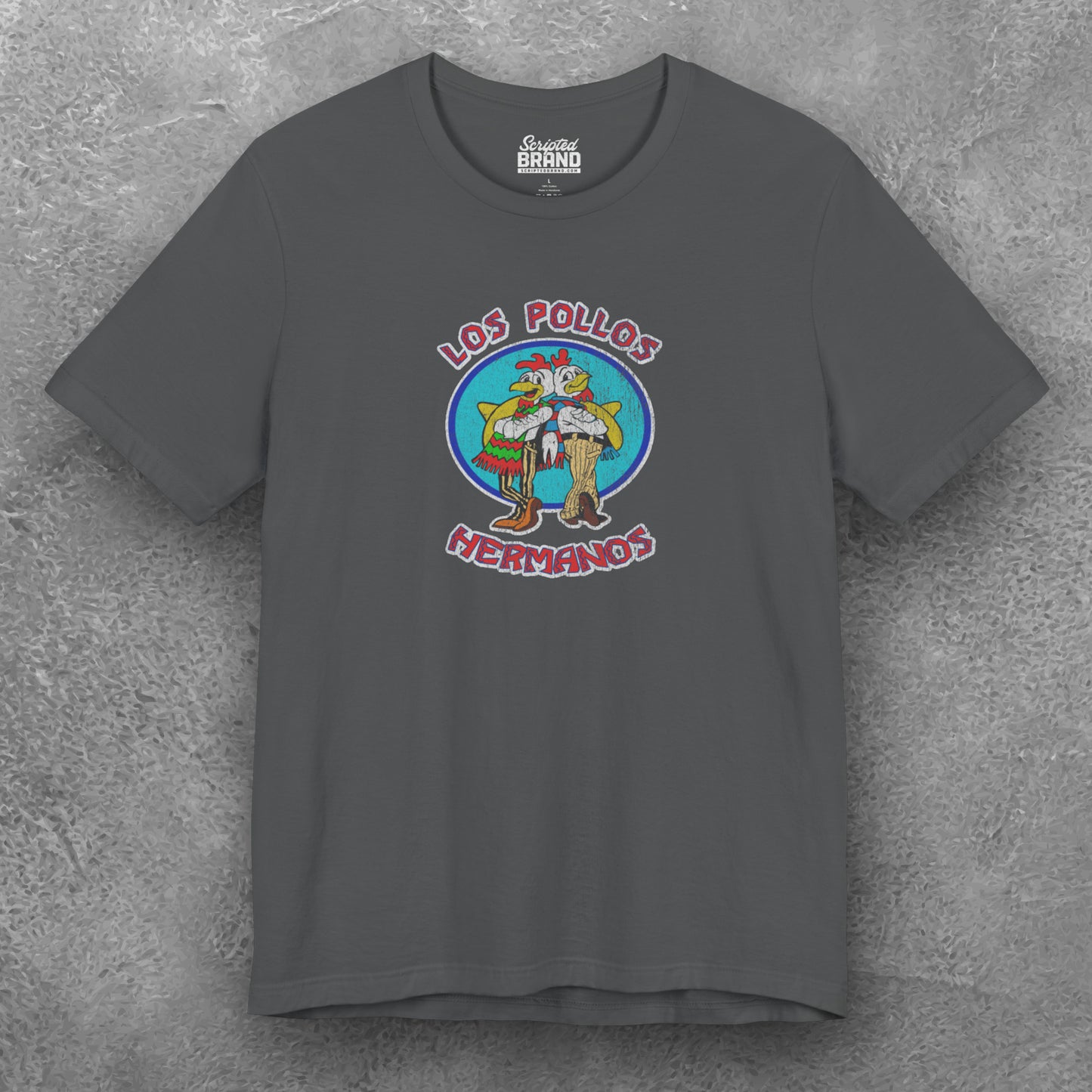 Front view of a asphalt gray Soft short-sleeve Bella+Canvas 3001 t-shirt featuring the Los Pollos Hermanos logo graphic from the TV show Breaking Bad in a vintage distressed style.