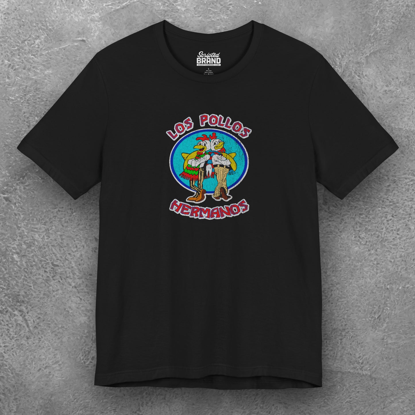 Front view of a black Soft short-sleeve Bella+Canvas 3001 t-shirt featuring the Los Pollos Hermanos logo graphic from the TV show Breaking Bad in a vintage distressed style.