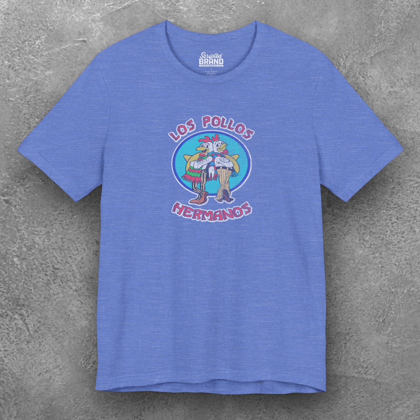Front view of a Columbia Heather Blue Soft short-sleeve Bella+Canvas 3001 t-shirt featuring the Los Pollos Hermanos logo graphic from the TV show Breaking Bad in a vintage distressed style.