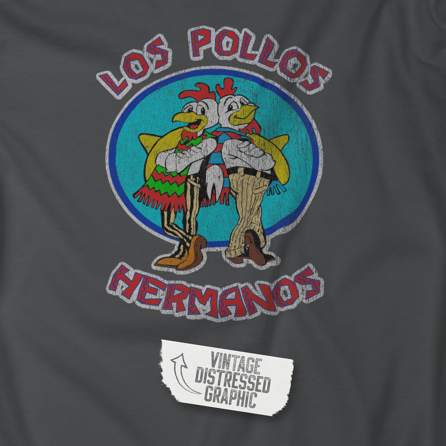 Cloesup view of a asphalt gray Soft short-sleeve Bella+Canvas 3001 t-shirt featuring the Los Pollos Hermanos logo graphic from the TV show Breaking Bad in a vintage distressed style.