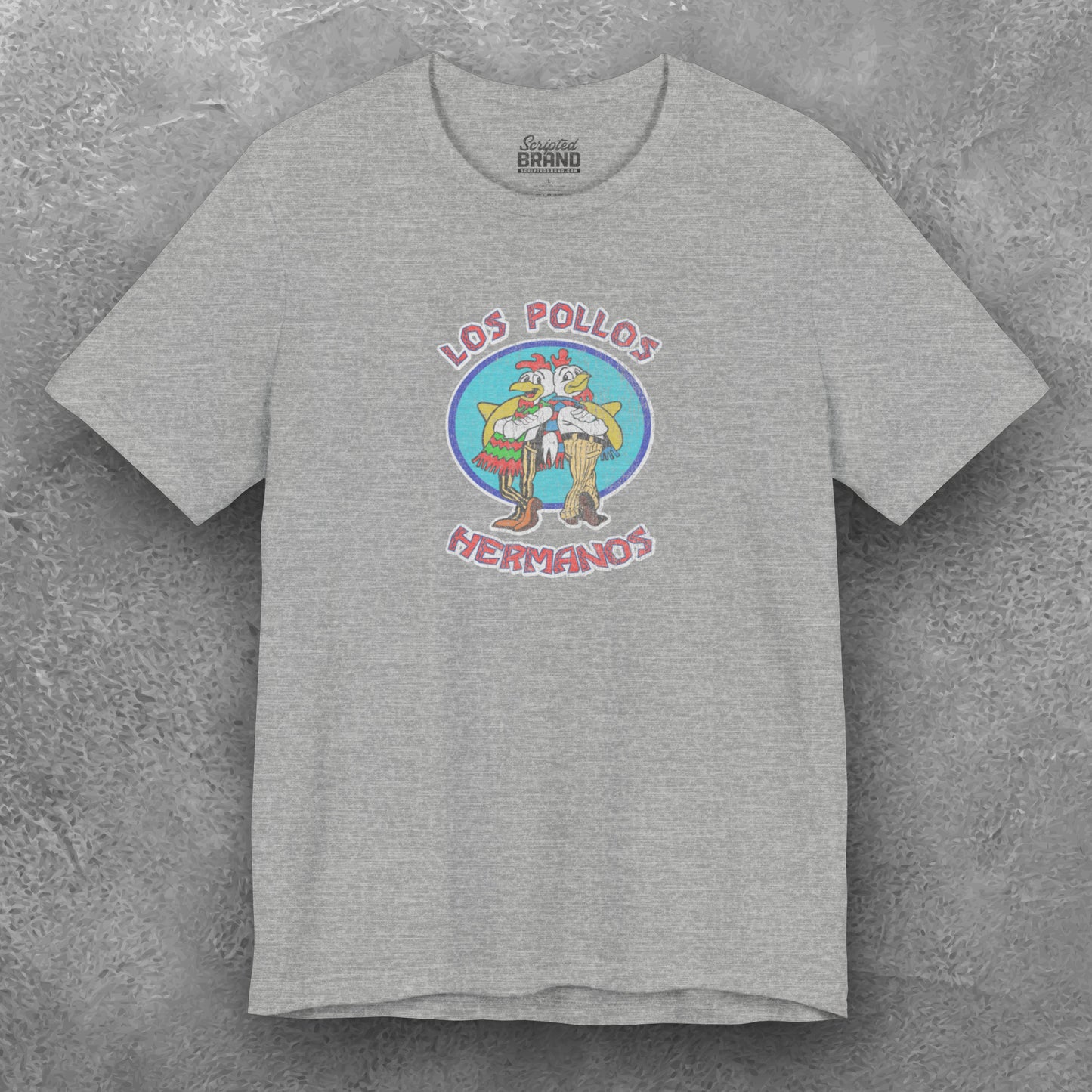 Front view of a athletic heather gray Soft short-sleeve Bella+Canvas 3001 t-shirt featuring the Los Pollos Hermanos logo graphic from the TV show Breaking Bad in a vintage distressed style.