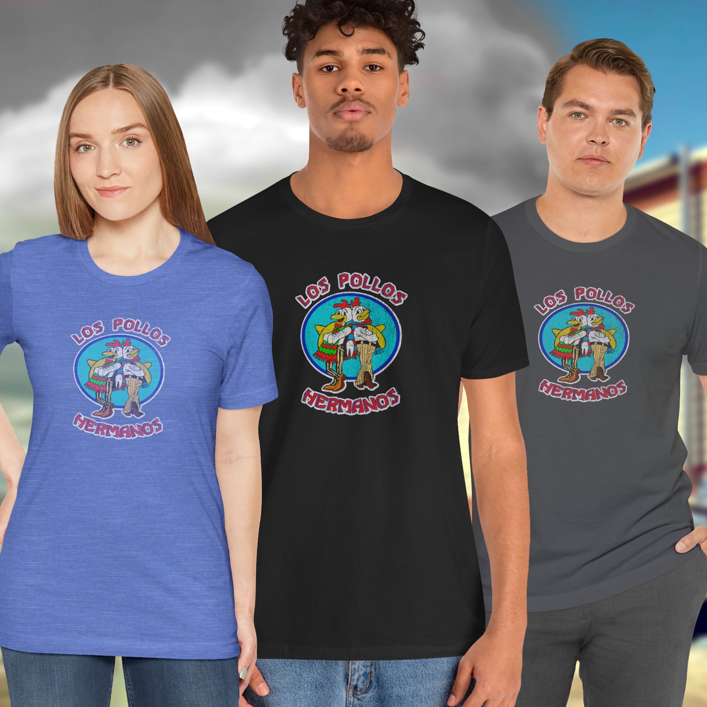3 models wearing Soft short-sleeve Bella+Canvas 3001 t-shirts featuring the Los Pollos Hermanos logo graphic from the TV show Breaking Bad in a vintage distressed style.