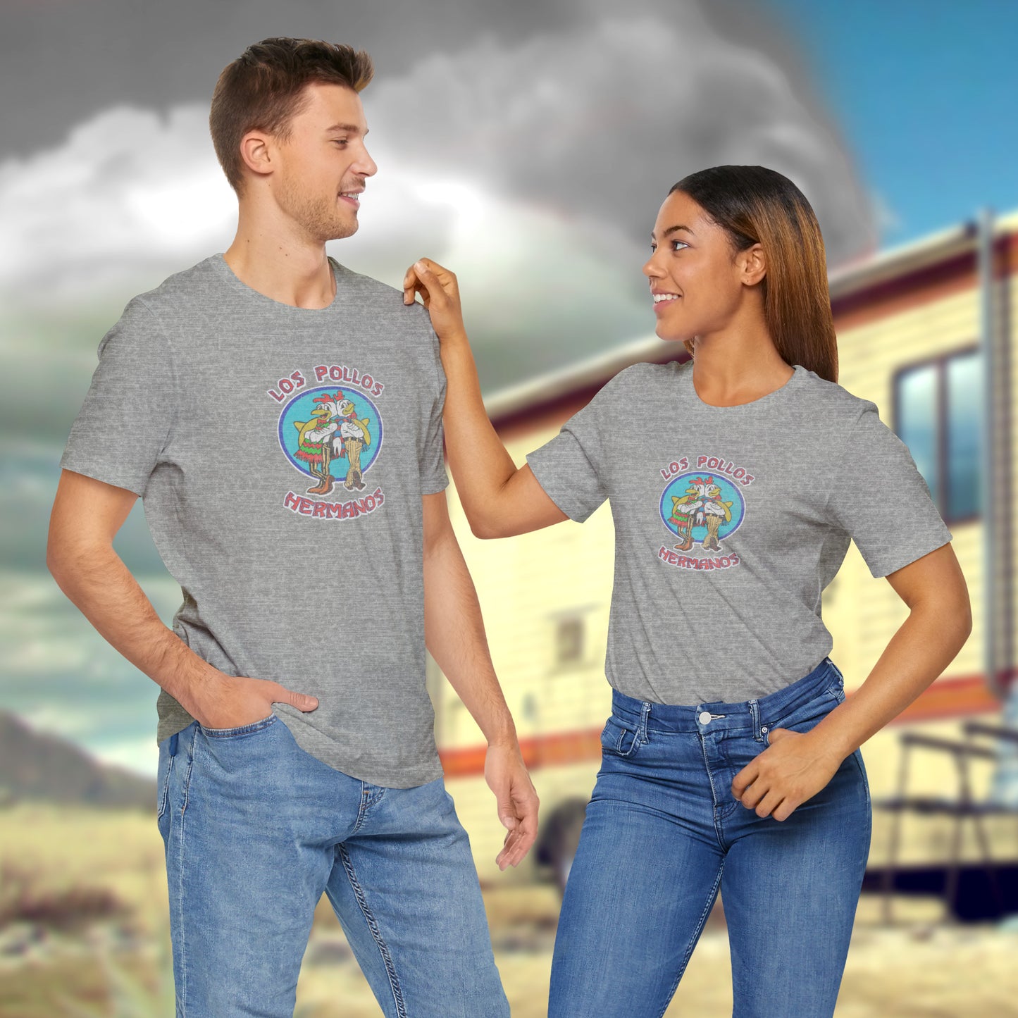 3 models wearing heather gray Soft short-sleeve Bella+Canvas 3001 t-shirts featuring the Los Pollos Hermanos logo graphic from the TV show Breaking Bad in a vintage distressed style.