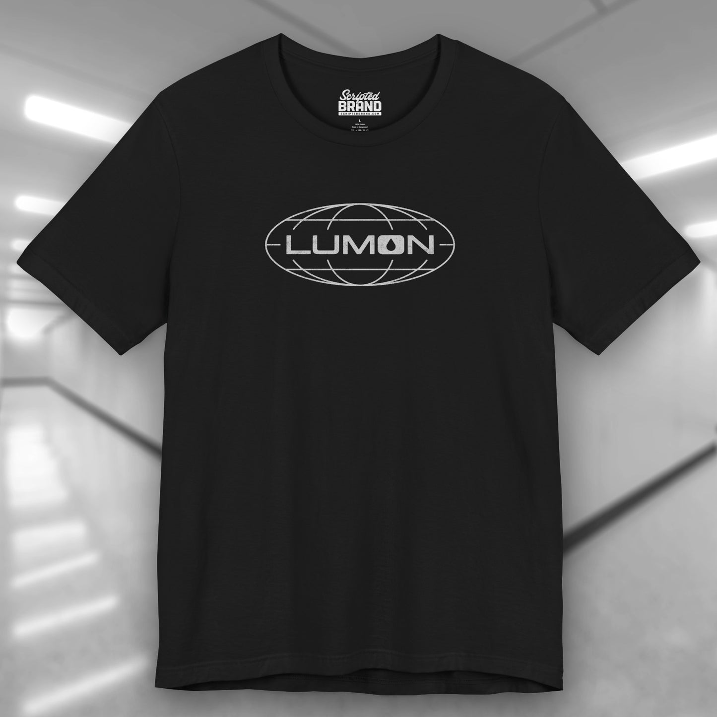 Black colored soft Bella+Canvas shirtsleeve t-shirt with the Lumon Industries logo from the TV show Severance in a vintage distressed ink-stamped style.