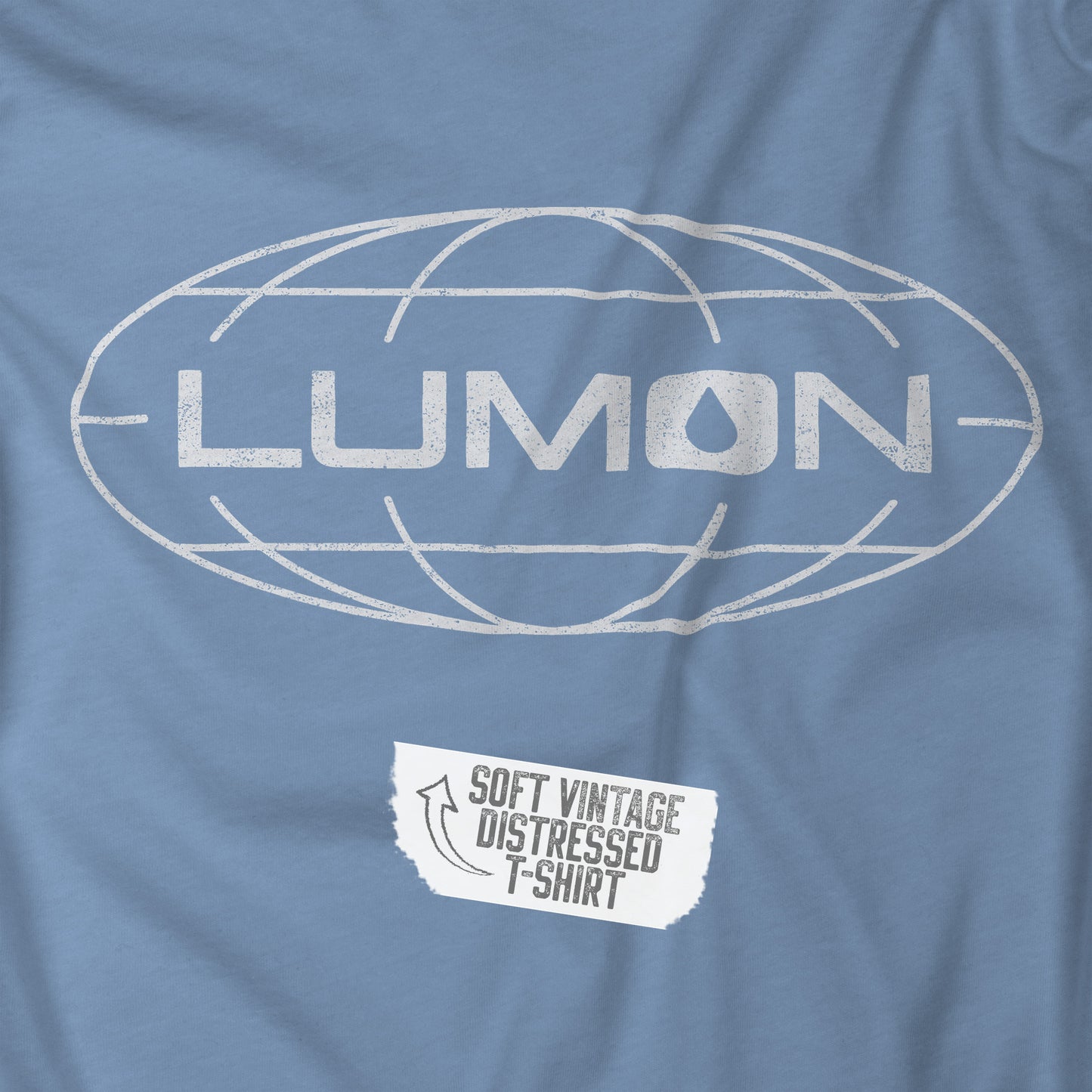 Closeup view of a steel blue colored soft Bella+Canvas shirtsleeve t-shirt with the Lumon Industries logo from the TV show Severance in a vintage distressed ink-stamped style.