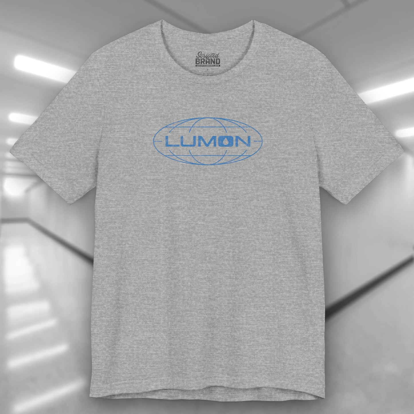 Athletic heather gray colored soft Bella+Canvas shirtsleeve t-shirt with the Lumon Industries logo from the TV show Severance in a vintage distressed ink-stamped style.