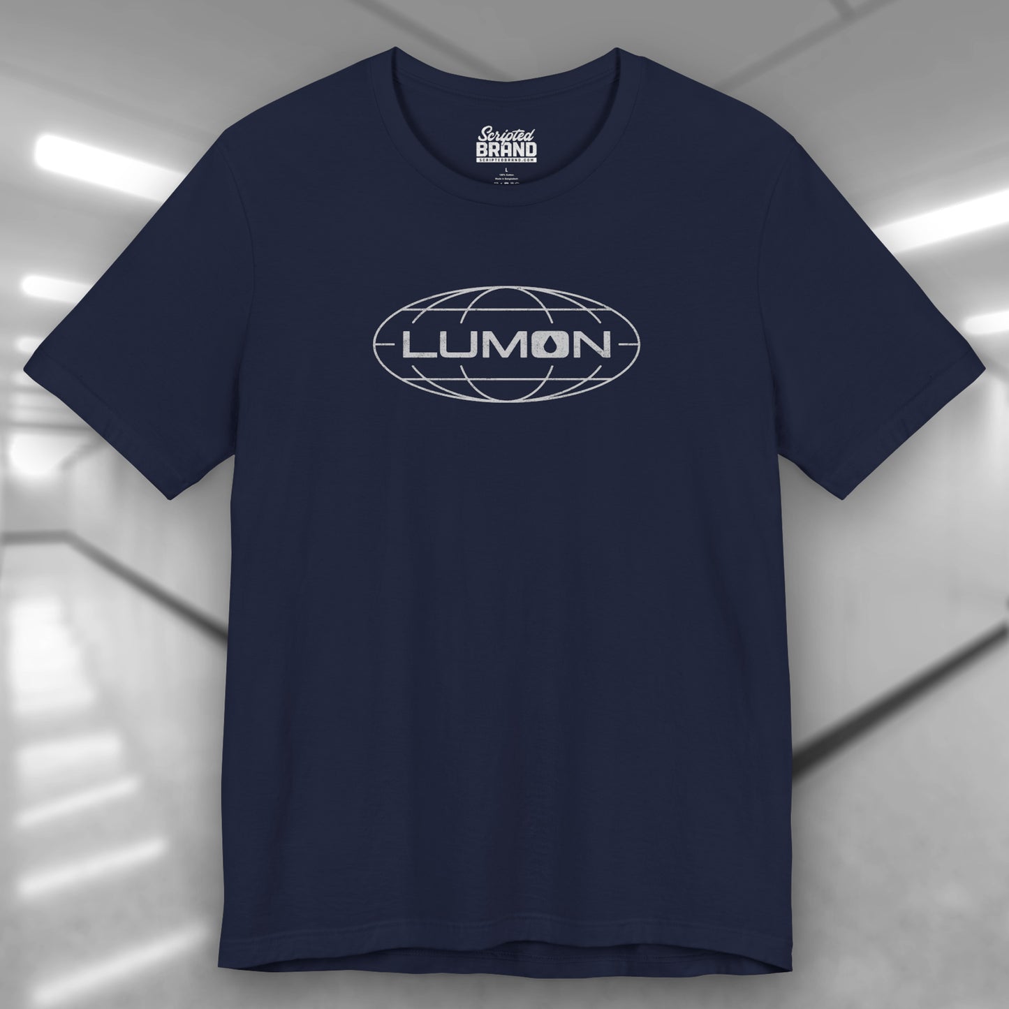 Navy blue colored soft Bella+Canvas shirtsleeve t-shirt with the Lumon Industries logo from the TV show Severance in a vintage distressed ink-stamped style.