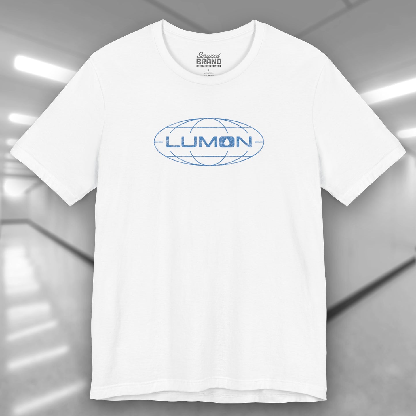 White colored soft Bella+Canvas shirtsleeve t-shirt with the Lumon Industries logo from the TV show Severance in a vintage distressed ink-stamped style.