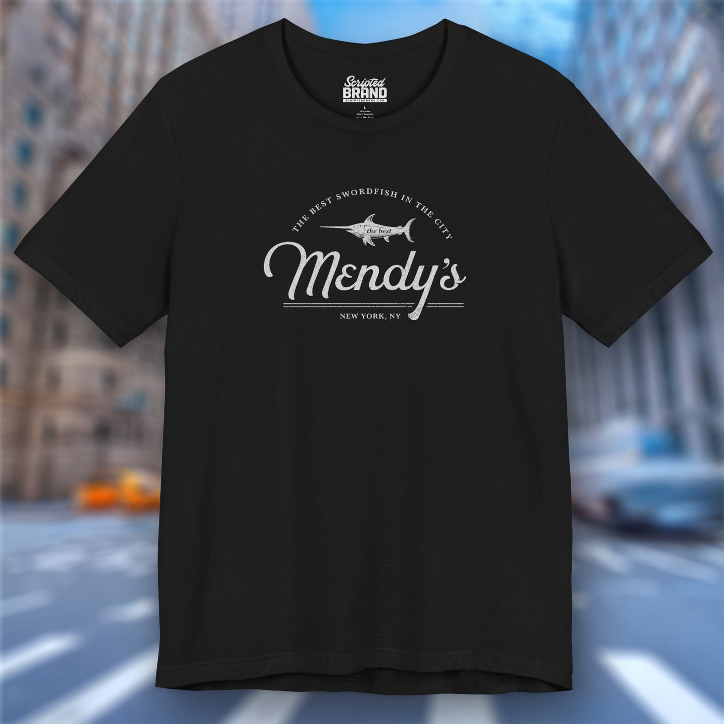 Front view of a black colored soft unisex Bella+Canvas 3001 short-sleeve t-shirt featuring a unique Mendy's Restaurant logo graphic, designed by ScriptedBrand in a vintage distressed style, and inspired by the TV show Seinfeld.