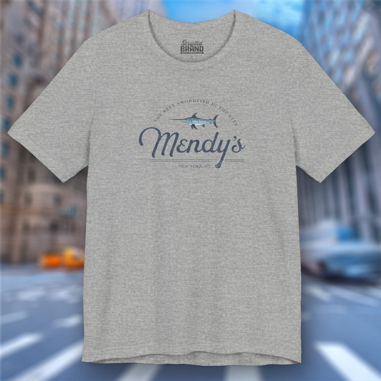 Front view of an athletic heather grey colored soft unisex Bella+Canvas 3001 short-sleeve t-shirt featuring a unique Mendy's Restaurant logo graphic, designed by ScriptedBrand in a vintage distressed style, and inspired by the TV show Seinfeld.