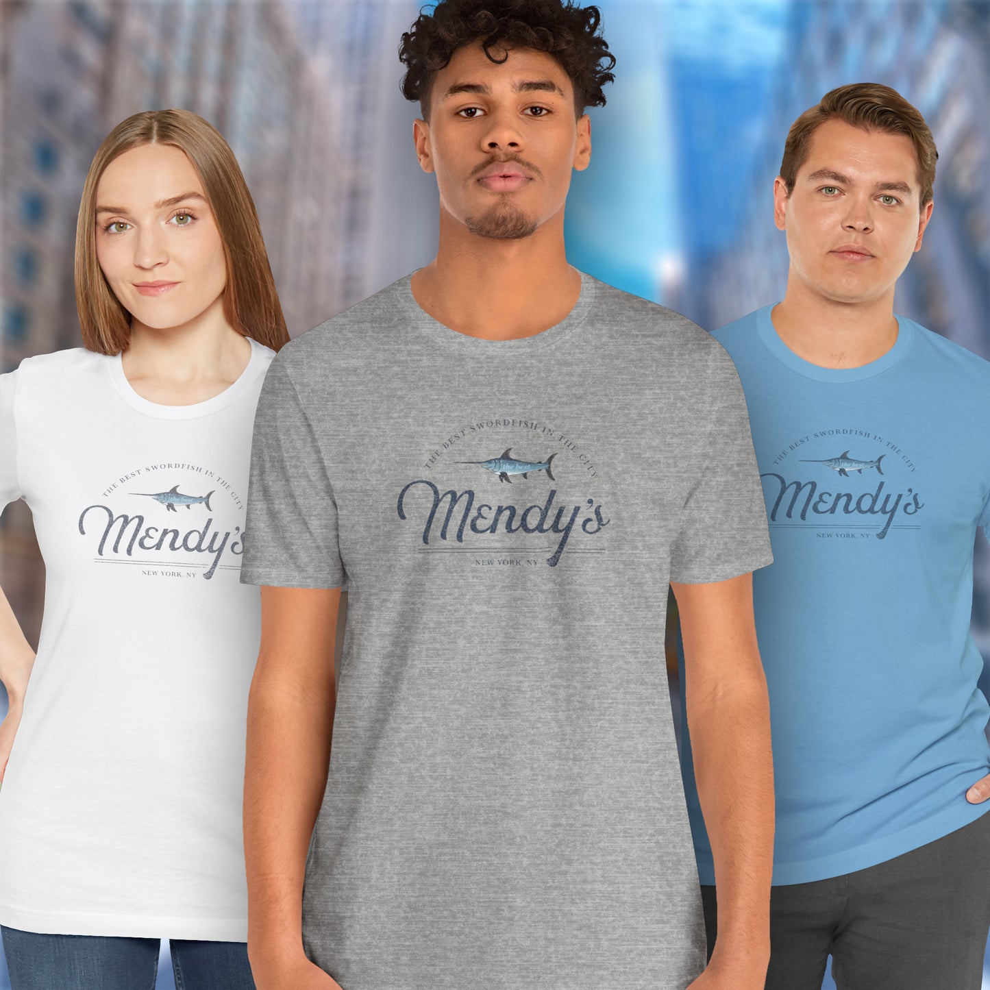 3 models wearing soft unisex Bella+Canvas 3001 short-sleeve t-shirts featuring a unique Mendy's Restaurant logo graphic, designed by ScriptedBrand in a vintage distressed style, and inspired by the TV show Seinfeld.