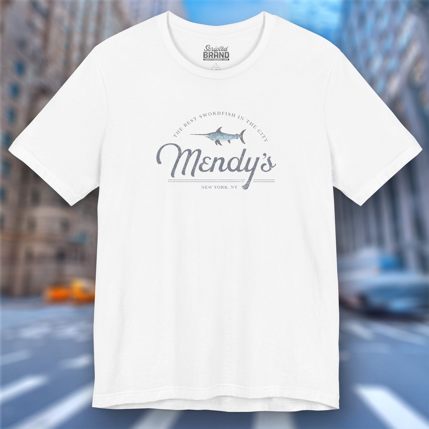 Front view of a white colored soft unisex Bella+Canvas 3001 short-sleeve t-shirt featuring a unique Mendy's Restaurant logo graphic, designed by ScriptedBrand in a vintage distressed style, and inspired by the TV show Seinfeld.