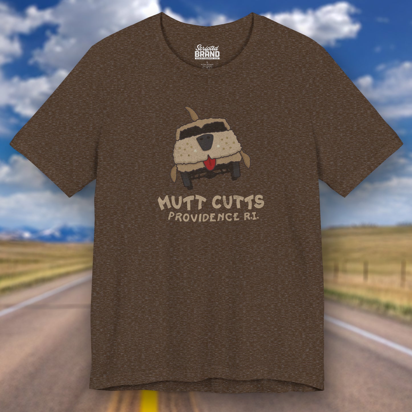 Front view of a heather brown colored Soft unisex Bella+Canvas 3001 short-sleeve t-shirt featuring a Mutt Cutts logo graphic inspired by the movie Dumb and Dumber, illustrated by ScriptedBrand in a vintage distressed style.