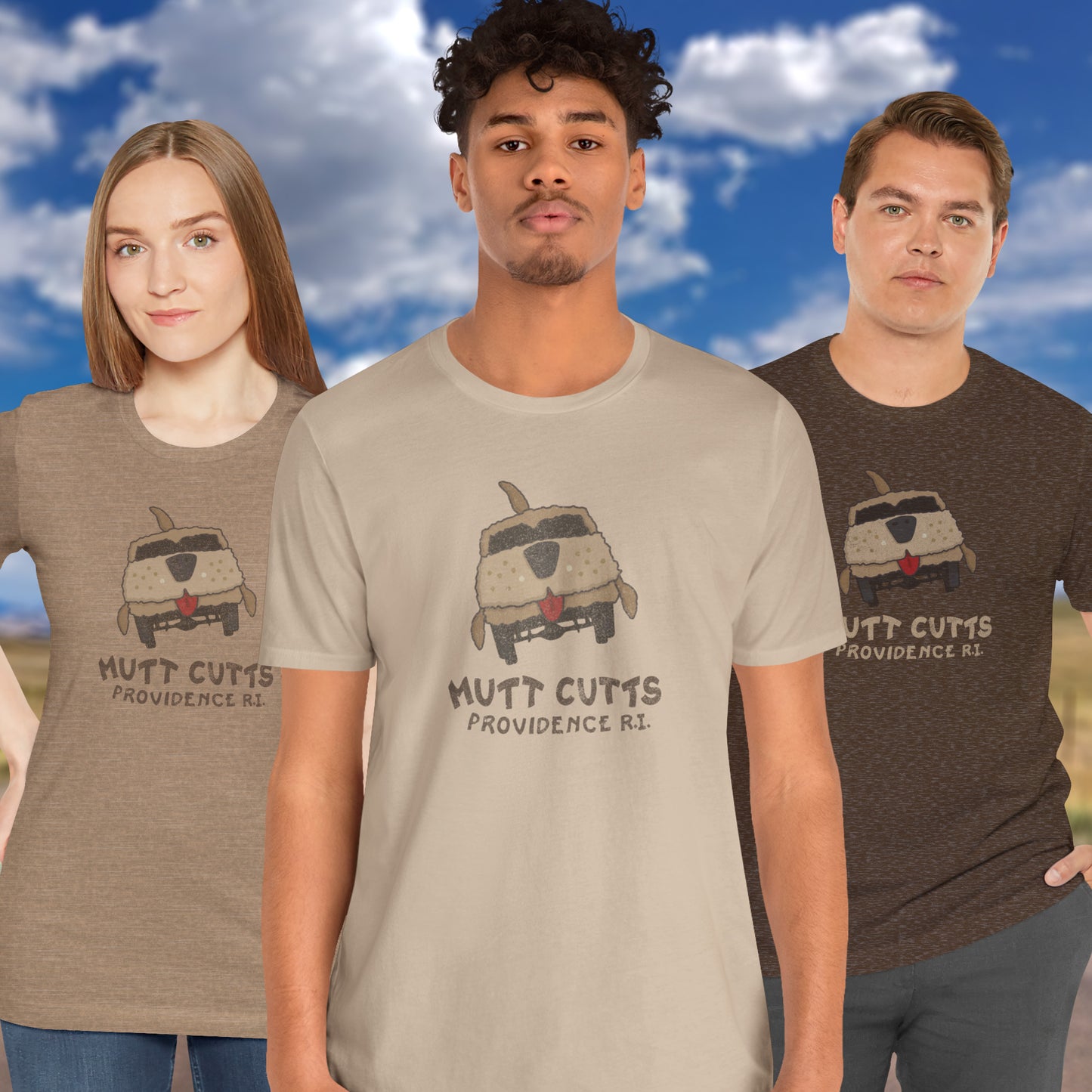 3 models wearing Soft unisex Bella+Canvas 3001 short-sleeve t-shirts featuring a Mutt Cutts logo graphic inspired by the movie Dumb and Dumber, illustrated by ScriptedBrand in a vintage distressed style.
