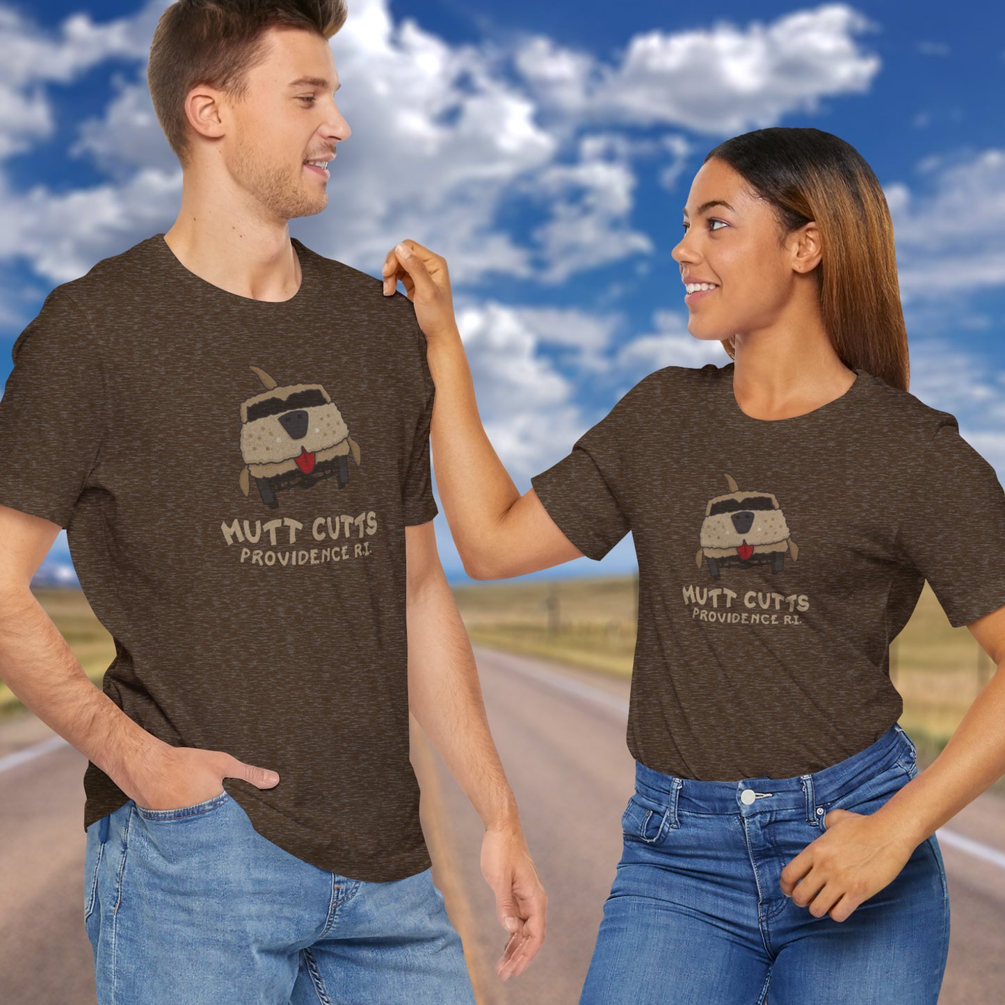 2 models wearing heather brown colored Soft unisex Bella+Canvas 3001 short-sleeve t-shirts featuring a Mutt Cutts logo graphic inspired by the movie Dumb and Dumber, illustrated by ScriptedBrand in a vintage distressed style.