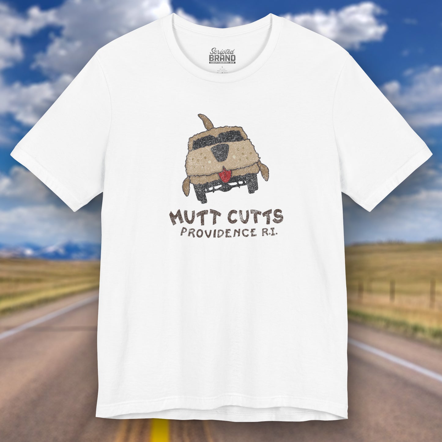 Front view of a white colored Soft unisex Bella+Canvas 3001 short-sleeve t-shirt featuring a Mutt Cutts logo graphic inspired by the movie Dumb and Dumber, illustrated by ScriptedBrand in a vintage distressed style.