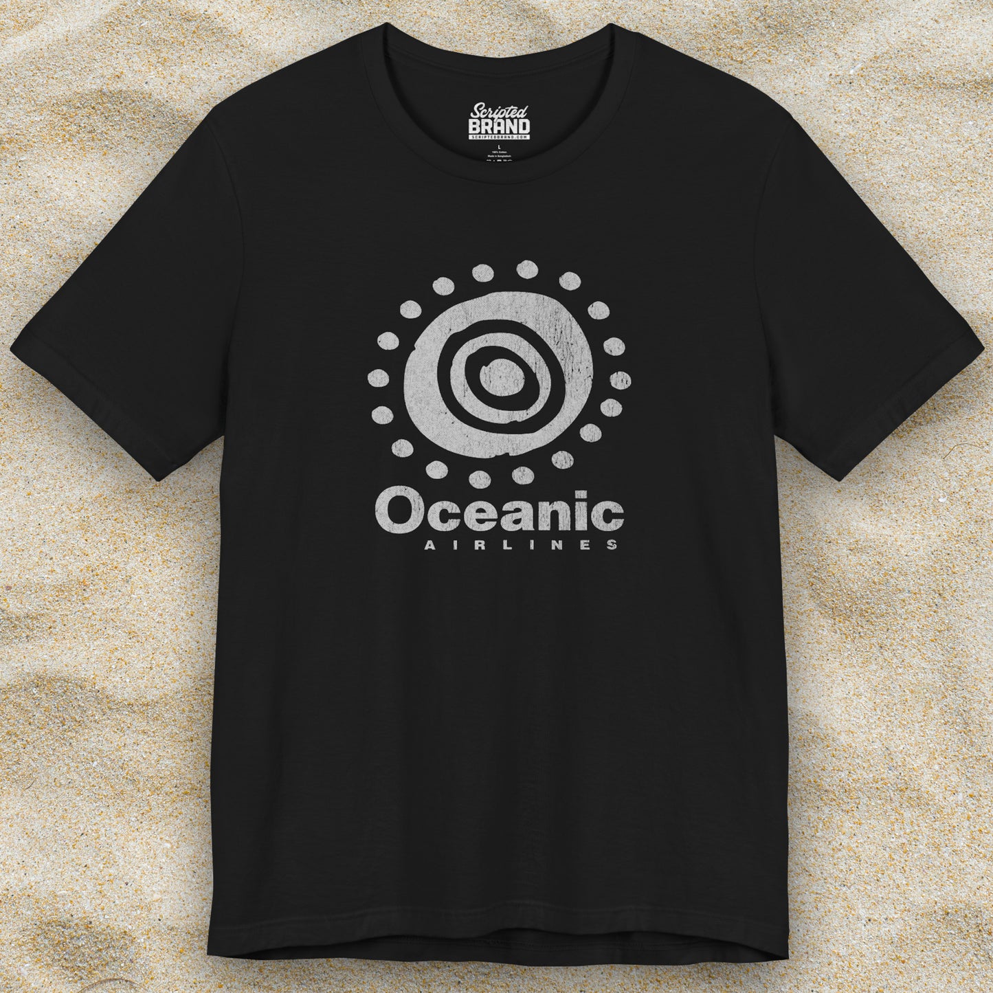 Black t-shirt featuring the Oceanic Airlines logo graphic from the TV show LOST in a vintage distressed style.
