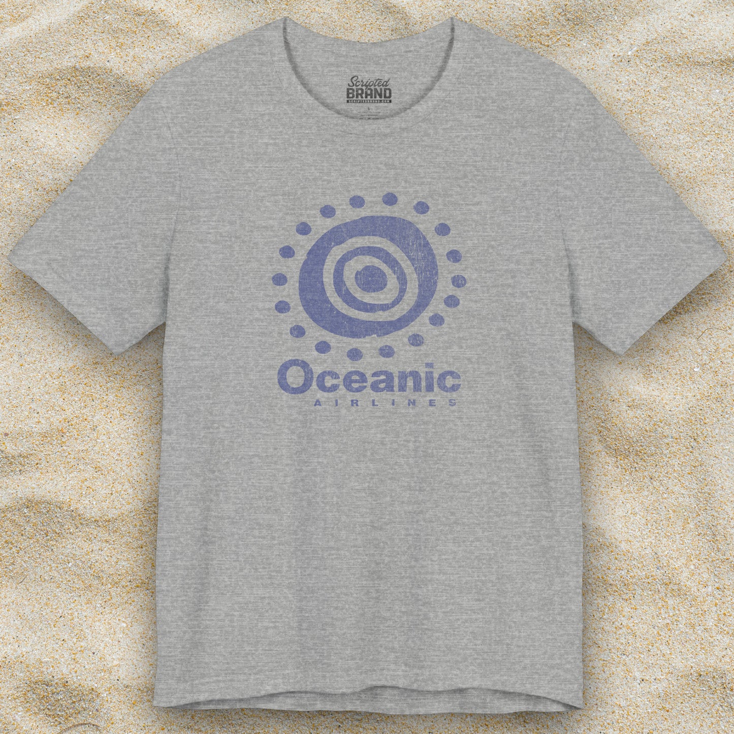 Heather gray t-shirt featuring the Oceanic Airlines logo graphic from the TV show LOST in a vintage distressed style.