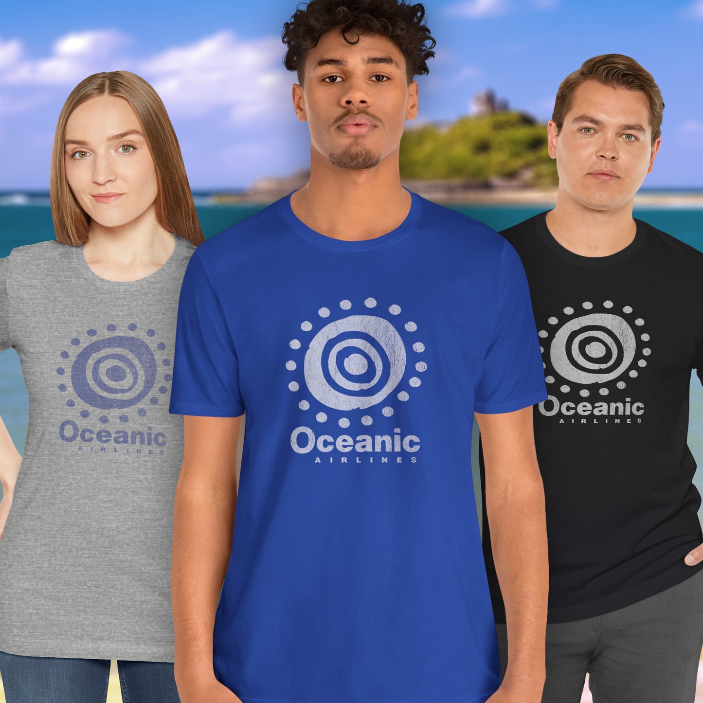 Three people wearing t-shirts featuring the Oceanic Airlines logo graphic from the TV show LOST in a vintage distressed style.
