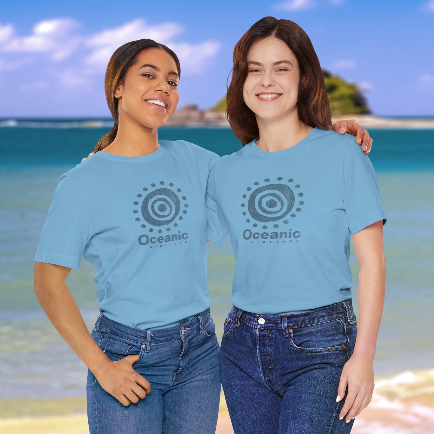 Two women wearing blue t-shirts featuring the Oceanic Airlines logo graphic from the TV show LOST in a vintage distressed style.