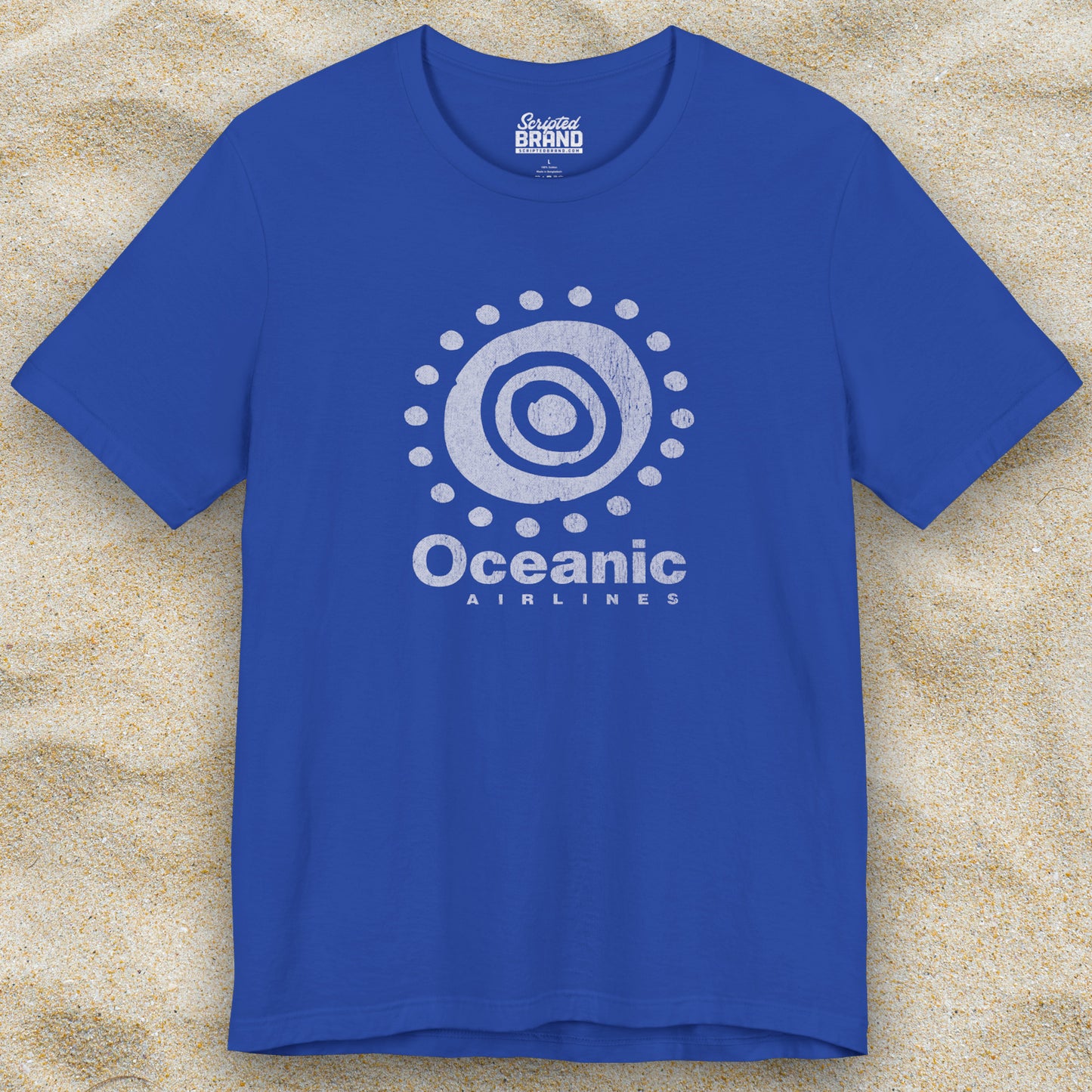 Royal blue t-shirt featuring the Oceanic Airlines logo graphic from the TV show LOST in a vintage distressed style.