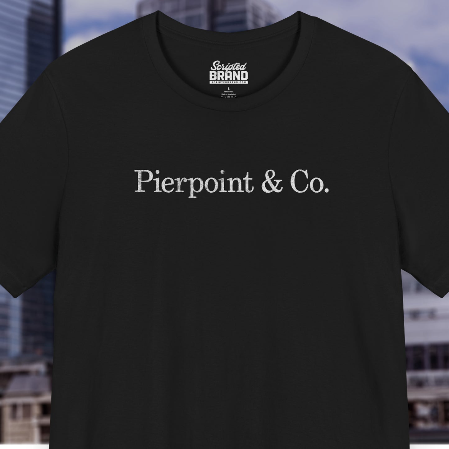 Front view of a black soft short-sleeve Bella+Canvas 3001 t-shirt featuring the fictional logo Pierpoint & Co from the HBO TV show Industry in a vintage distressed style, sold by ScriptedBrand.
