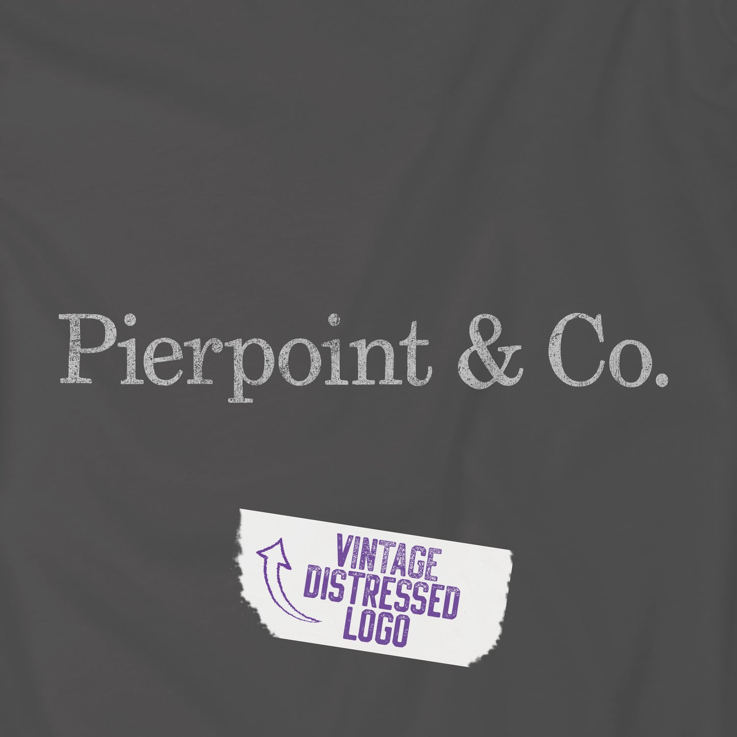 Closeup view of an asphalt grey soft short-sleeve Bella+Canvas 3001 t-shirt featuring the fictional logo Pierpoint & Co from the HBO TV show Industry in a vintage distressed style, sold by ScriptedBrand.