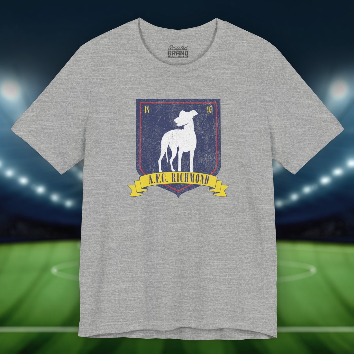 Front view of an athletic heather grey soft Bella+Canvas 3001 short-sleeve t-shirt featuring the logo graphic of the fictional English soccer team AFC Richmond inspired by the TV show Ted Lasso in a vintage distressed style, sold by ScriptedBrand.