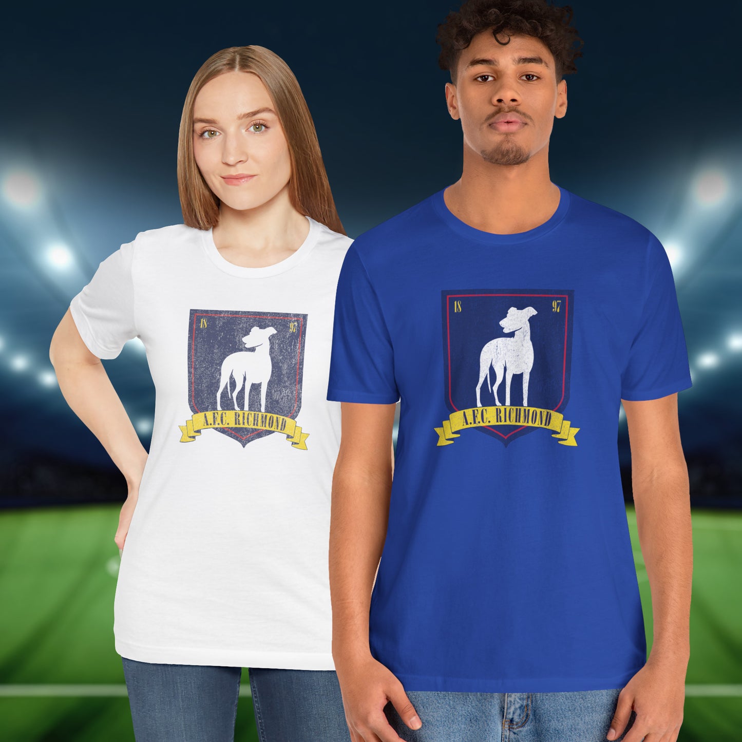 2 models wearing white and royal blue soft Bella+Canvas 3001 short-sleeve t-shirts featuring the logo graphic of the fictional English soccer team AFC Richmond inspired by the TV show Ted Lasso in a vintage distressed style, sold by ScriptedBrand.