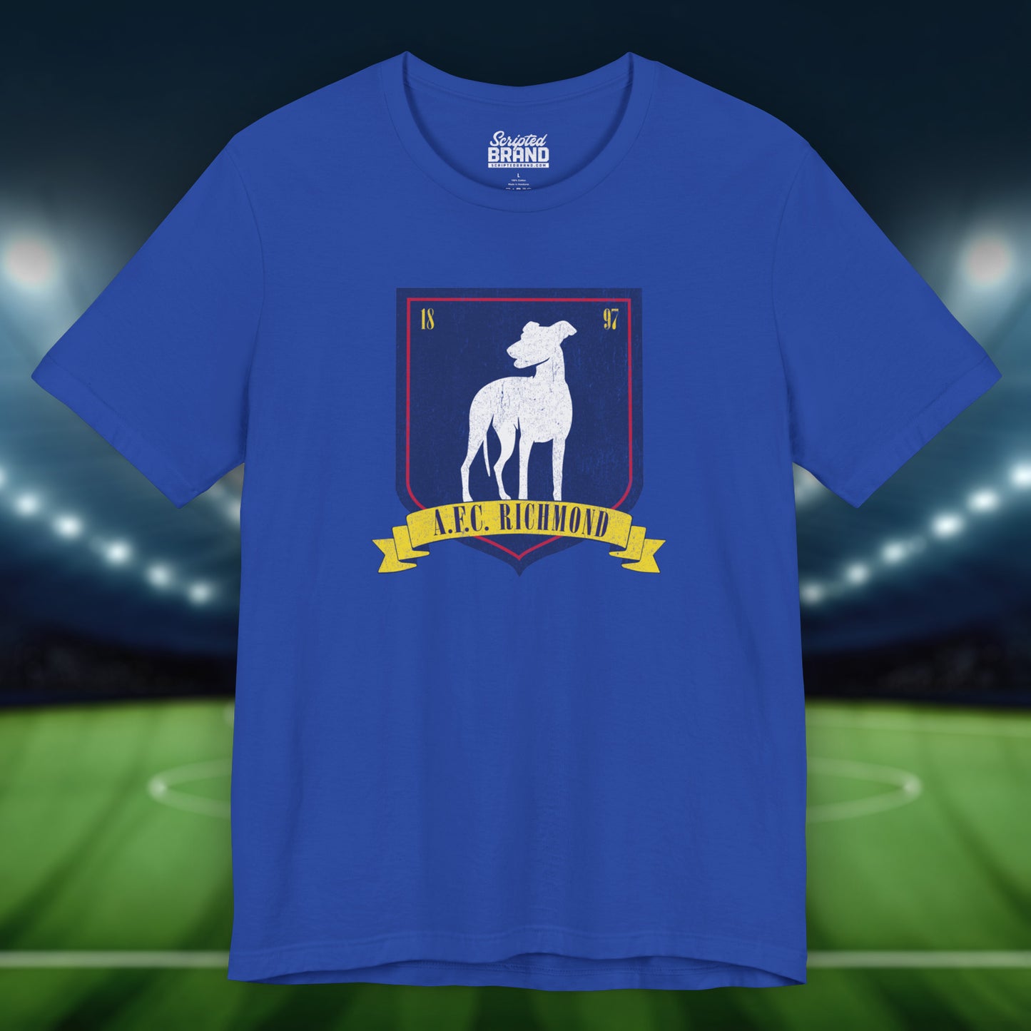 Front view of a royal blue soft Bella+Canvas 3001 short-sleeve t-shirt featuring the logo graphic of the fictional English soccer team AFC Richmond inspired by the TV show Ted Lasso in a vintage distressed style, sold by ScriptedBrand.