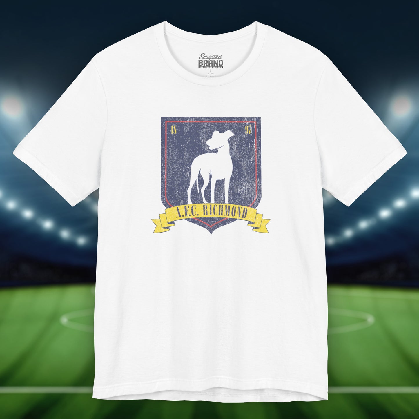 Front view of a white soft Bella+Canvas 3001 short-sleeve t-shirt featuring the logo graphic of the fictional English soccer team AFC Richmond inspired by the TV show Ted Lasso in a vintage distressed style, sold by ScriptedBrand.
